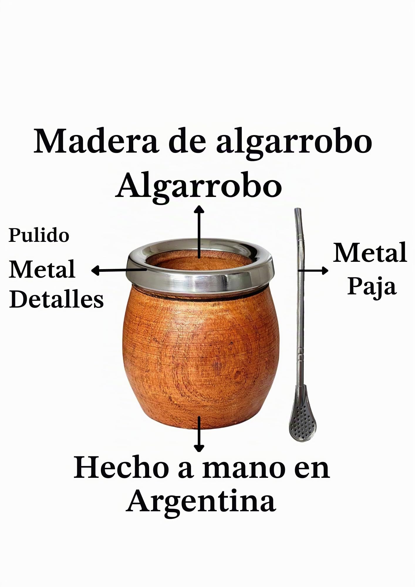 Taza Mate Argentino Natural Hecho a mano en Madera de Algarrobo con Borde de Acero Inoxidable, Mate con bombilla, Gourd mate mug, Estilo Barril