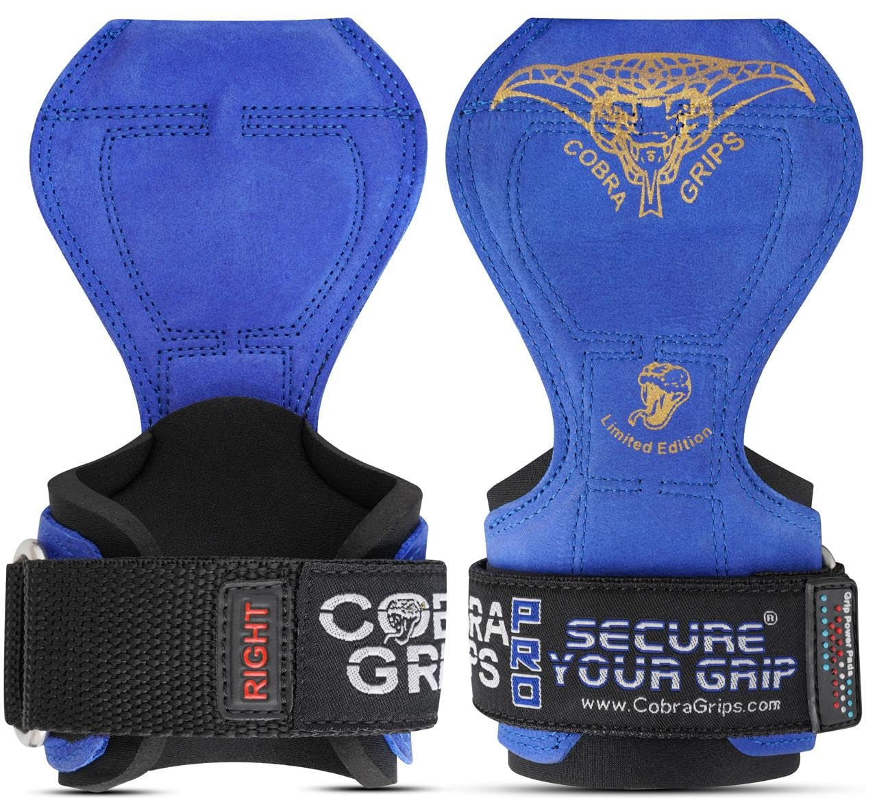 Cobra Grips PRO Weight Lifting Gloves - Heavy Duty Straps Alternative to Power Lifting Hooks for Deadlifts with Built-in Adjustable Neoprene Padded Wrist Wrap Support (PRO Blue Leather)
