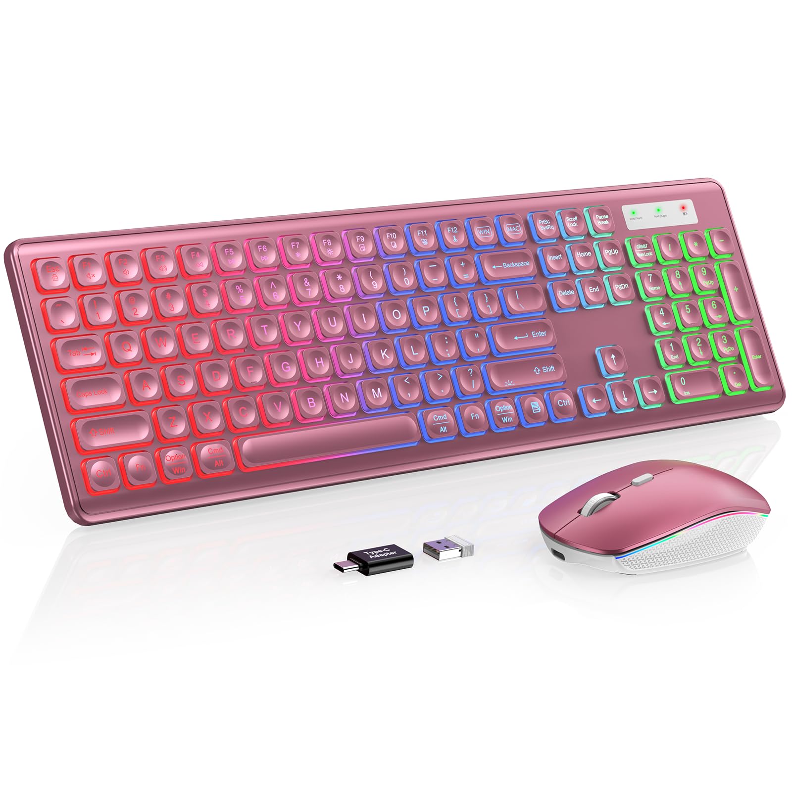Wireless Keyboard and Mouse Combo, RGB Backlit, Rechargeable &amp; Light Up Letters, Full-Size, Soft Typing, Sleep Mode, 2.4GHz Quiet Keyboard Set for Mac, Windows, Laptop, PC, Trueque (Wine Red)