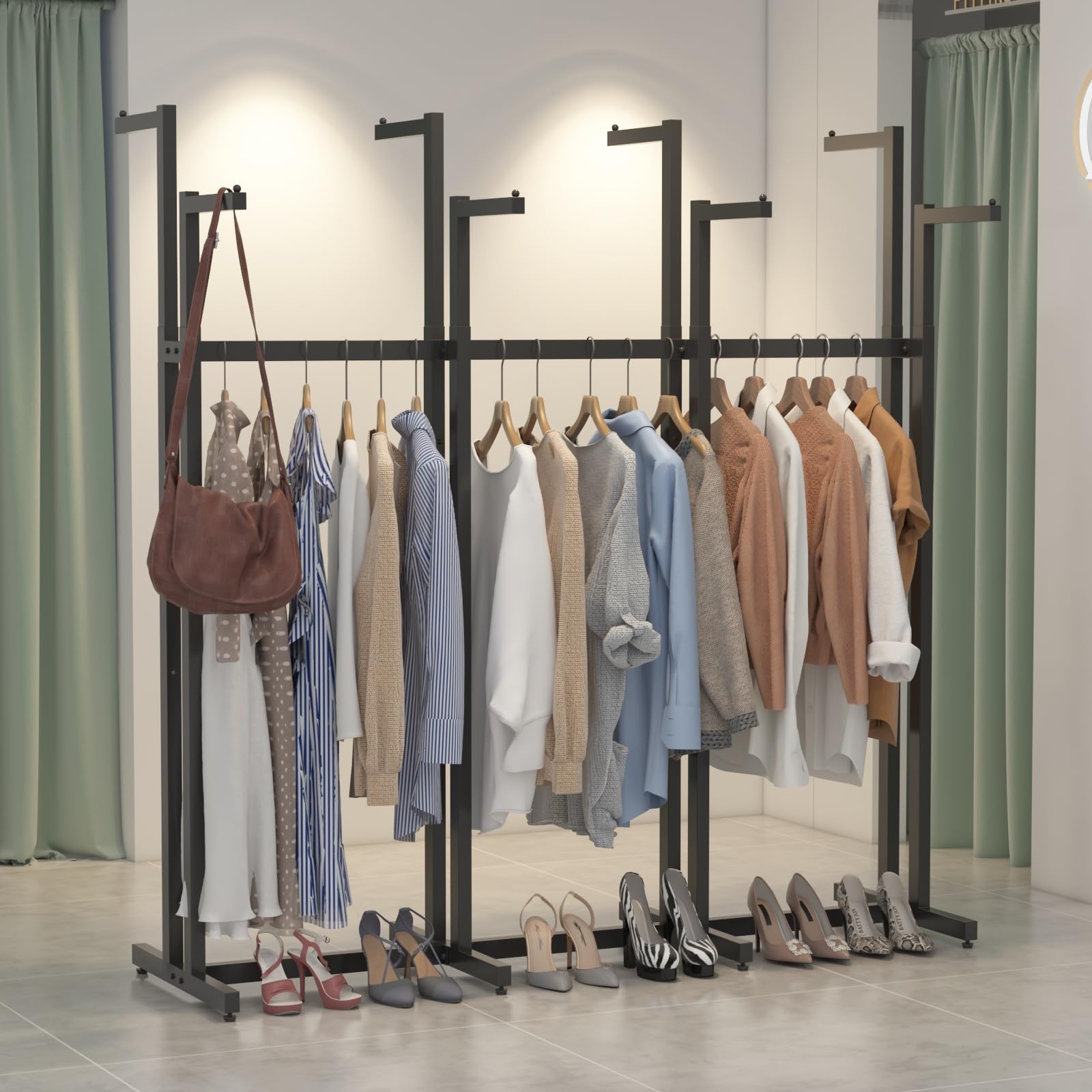 black clothing racks with 8 arms, metal clothing racks for hanging clothes, freestanding garment rack heavy duty, 46" to 63" adjustable height retail clothing rack for boutiques display