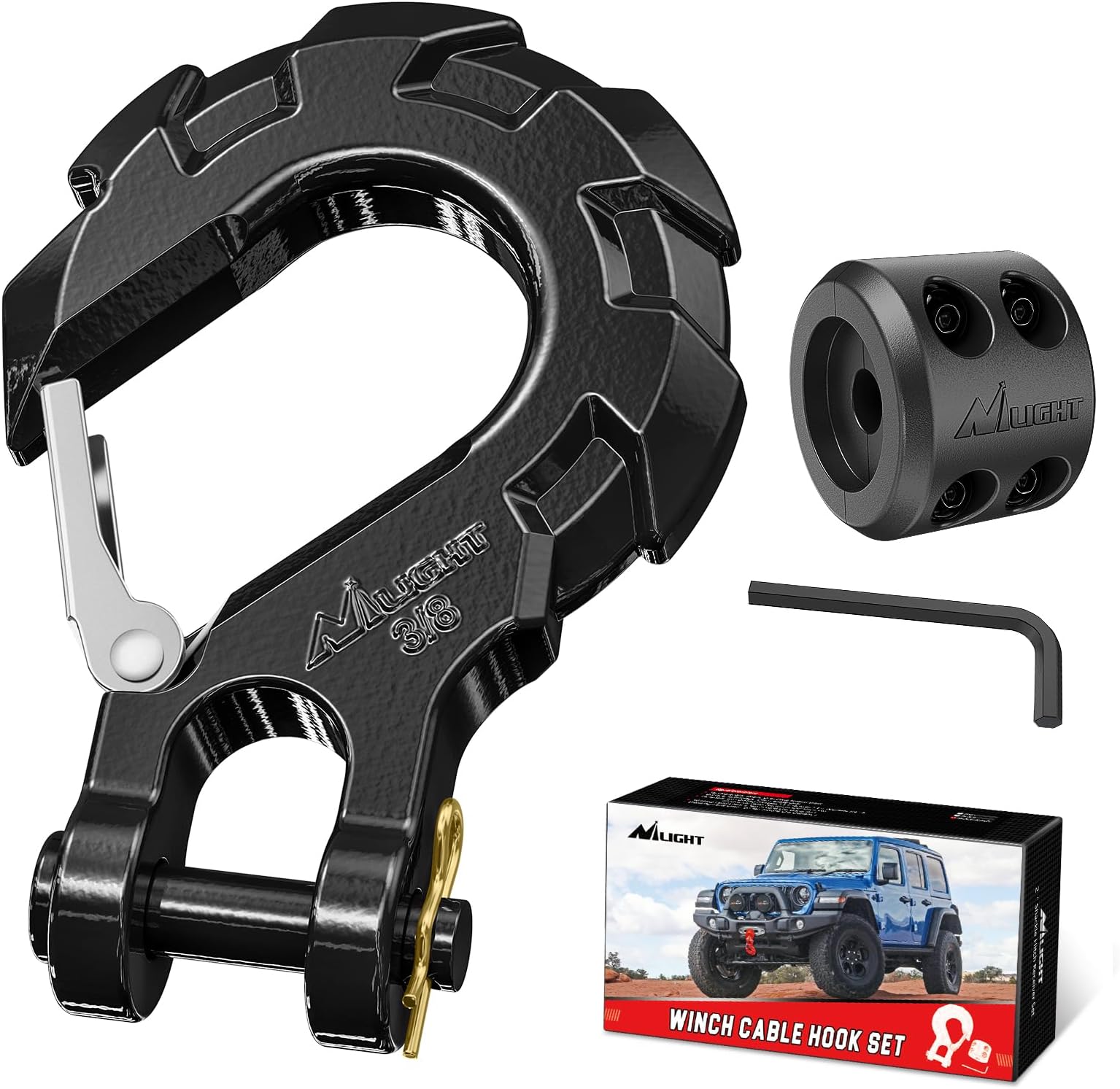 Nilight Forged Steel Winch Hook 3/8" Grade 70 Safety Latch Winch Cable Hook Stopper & Clevis Slip Hook Sets, Included Allen Wrench,Max 35,000 lbs,2 Years Warranty, Black