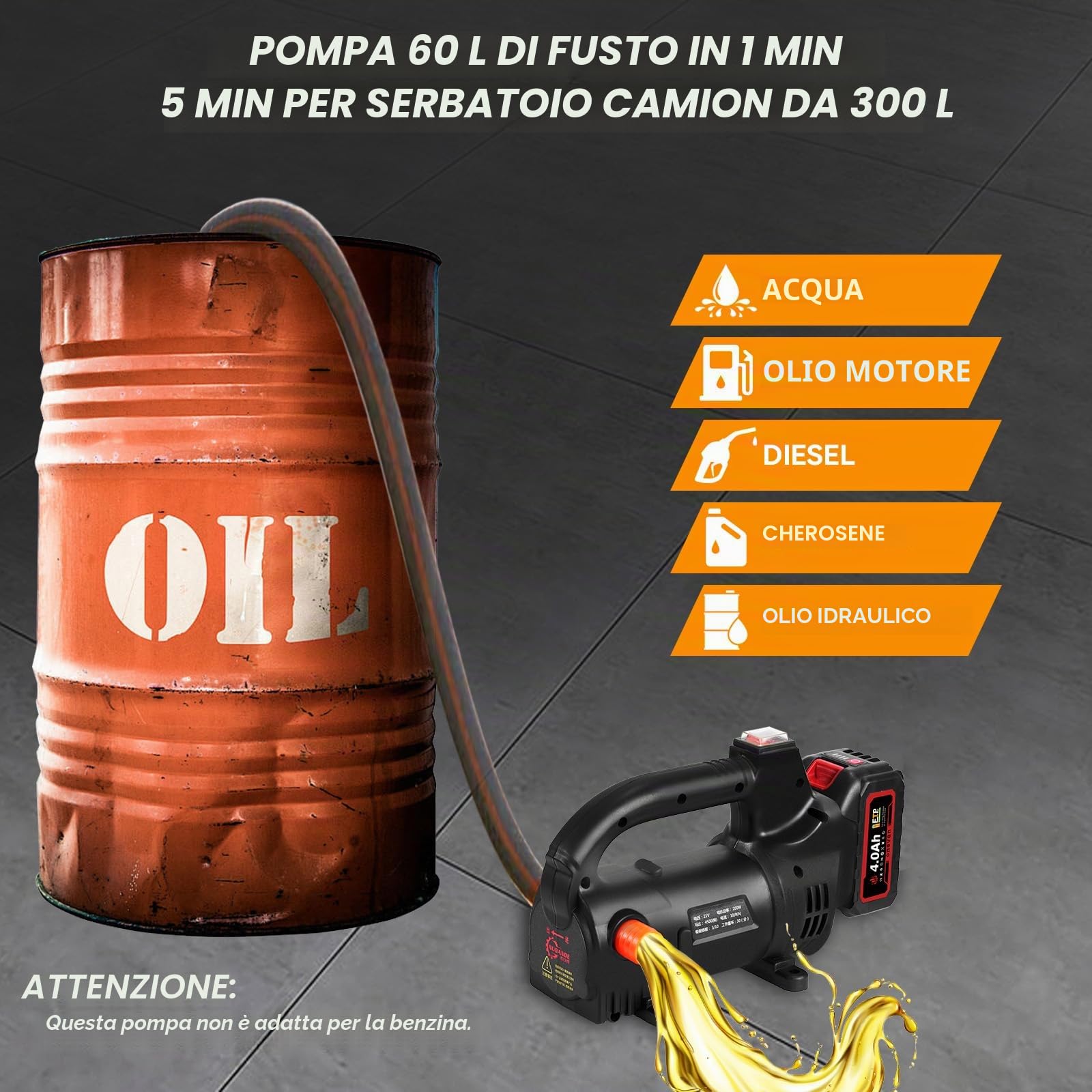 ONEVAN Pompa diesel a batteria con batteria da 4000 mAh e caricabatterie, 40 l/min, pompa ad olio elettrica portatile senza fili, universale per camion e barca