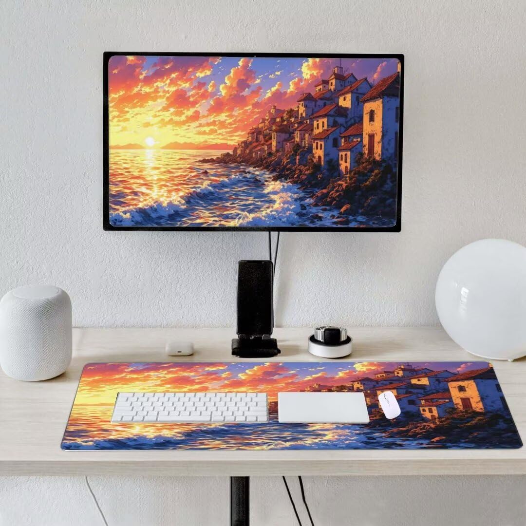 Alfombrilla de ratón 1400x600x3 MM, Alfombrilla Ratón XXL Extendida de Gran Tamaño con Bordes Cosidos, Base de Goma Antideslizante Almohadilla para Teclado, Costa del Atardecer S-8177