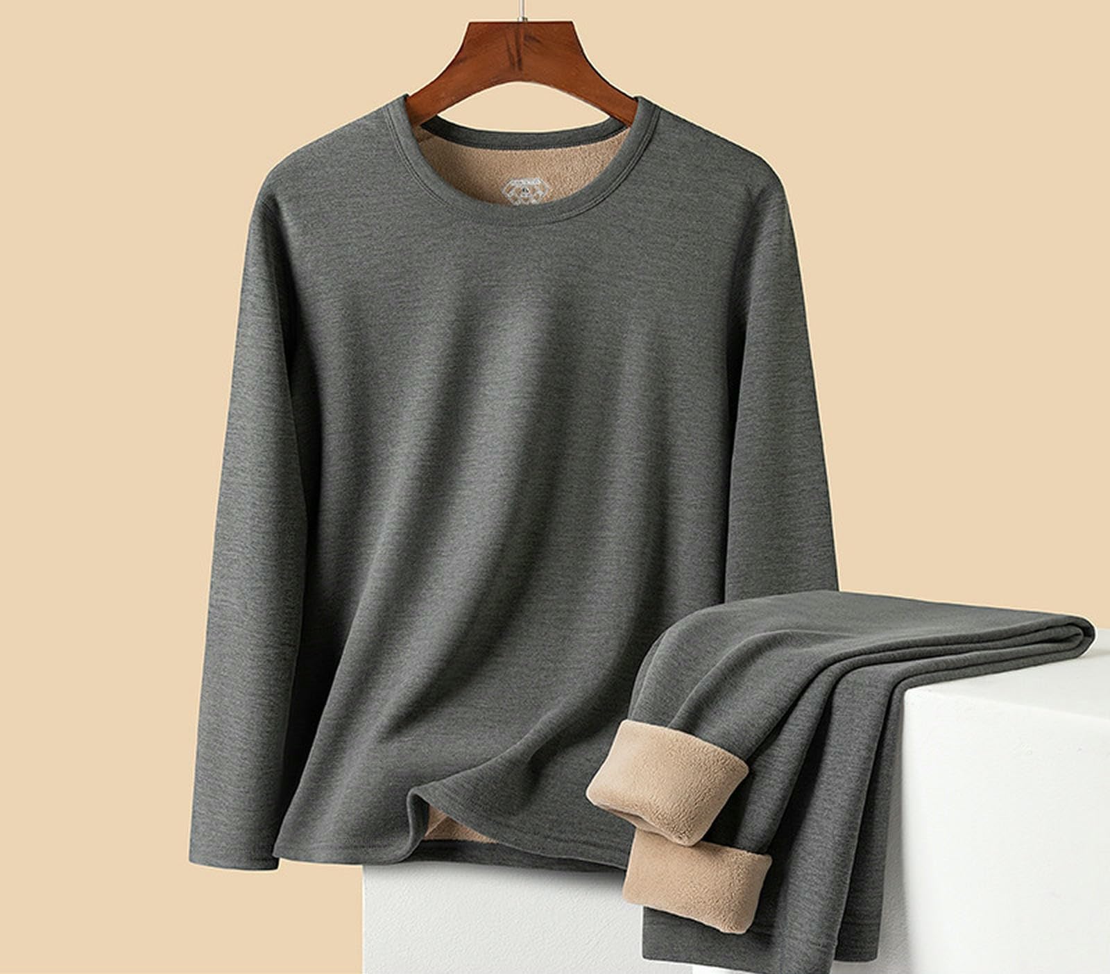 Conjunto Ropa Interior Térmica Traje De Vellón Engrosada Cuello Redondo para Hombres-marrón-4xl