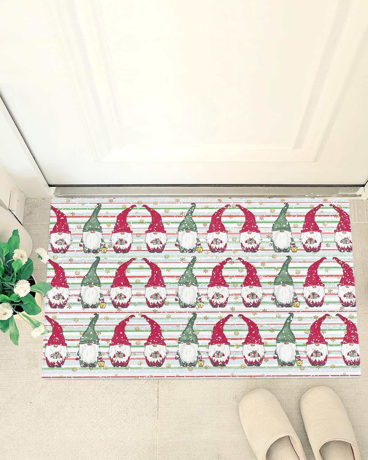 Shag Door Mats Bath Rugs Christmas Gnome Red Green Stripe,Soft Fluffy Doormats Non Slip Carpet Winter Xmas Snow Snowflake,Shaggy Fuzzy Area Throw Rug for Kitchen/Bathroom/Bedroom/Living Room 16x24In