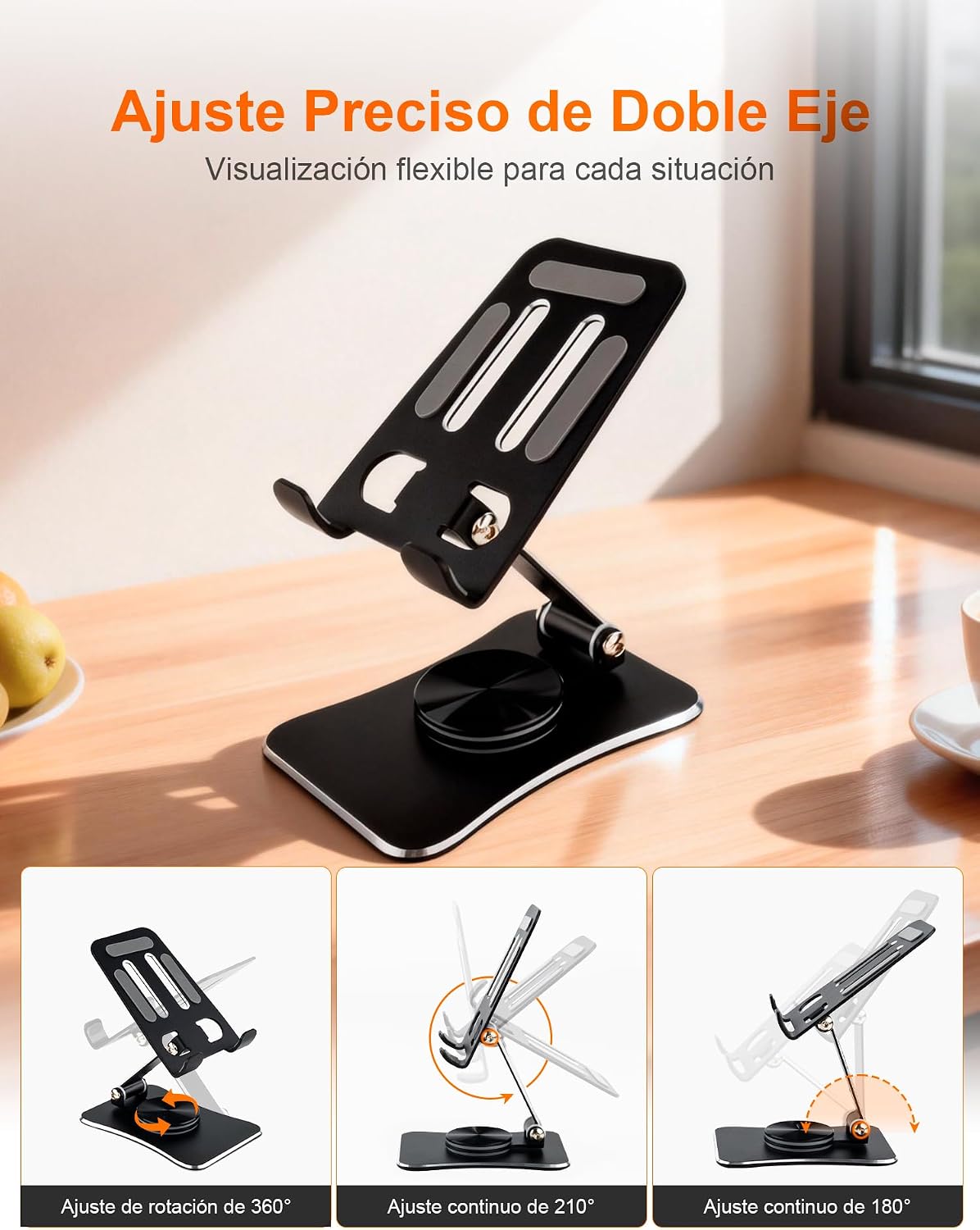 GRIFEMA GB1055 Soporte Móvil de Escritorio Plegable, 360° Giratorio, Altura y Ángulo Ajustables, Soporte para Teléfono de Aleación de Aluminio, Compatible con iPhone, Samsung y Android 3,5–10,5″ 4
