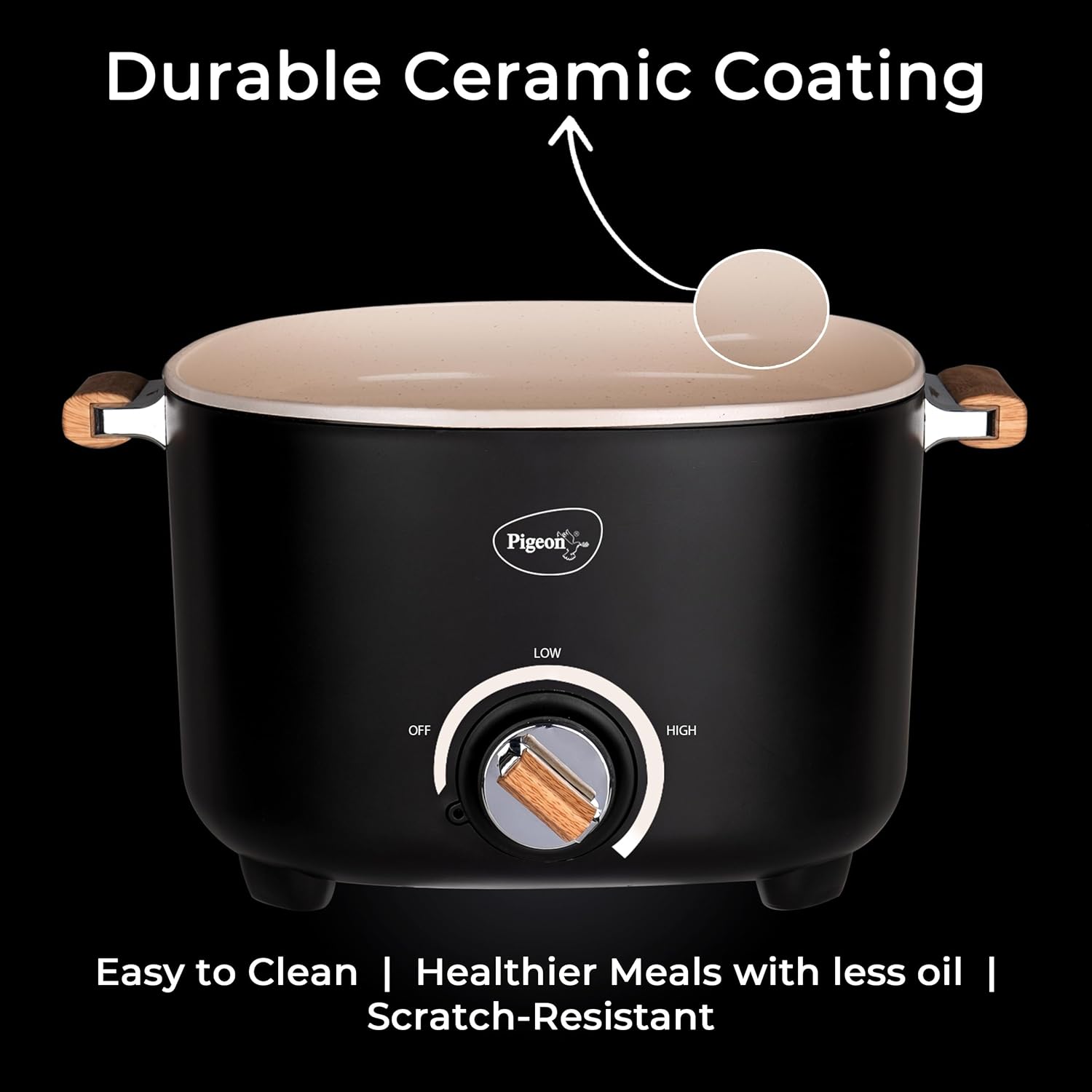 Close-up of the kettle's interior showing the durable ceramic coating.