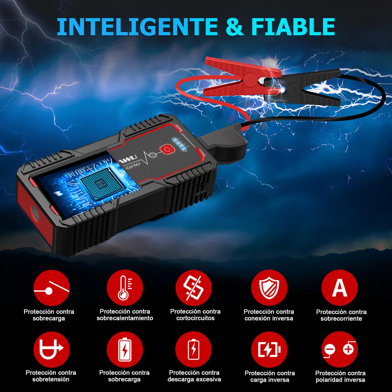 FOWAWU Arrancador de Coches,25800mAh 5000A Arrancador de Baterias de Coche(para 10L de Gasolina o 8.0L de Diésel), con Carga Rápida QC3.0,Linterna LED, DC 12V,Brújula,Garantía de 2 años(Negro)