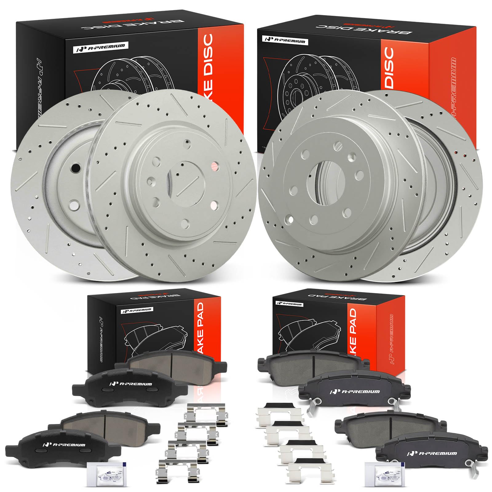 a-premium front and rear drilled and slotted disc brake rotors + ceramic pads kit compatible with select buick, chevy, gmc & saturn models - enclave, traverse, acadia, acadia limited, outlook, 12-pc
