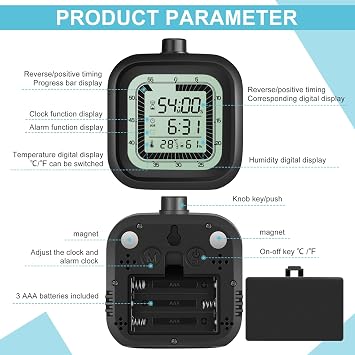 Visual Timer with Alarm Clock, Countdown 1-60 Minutes Kitchen Timer, Student Timer, Bathroom Timer Clock, Sports Timer, Time Manager, Digital Thermometer Hygrometer Black