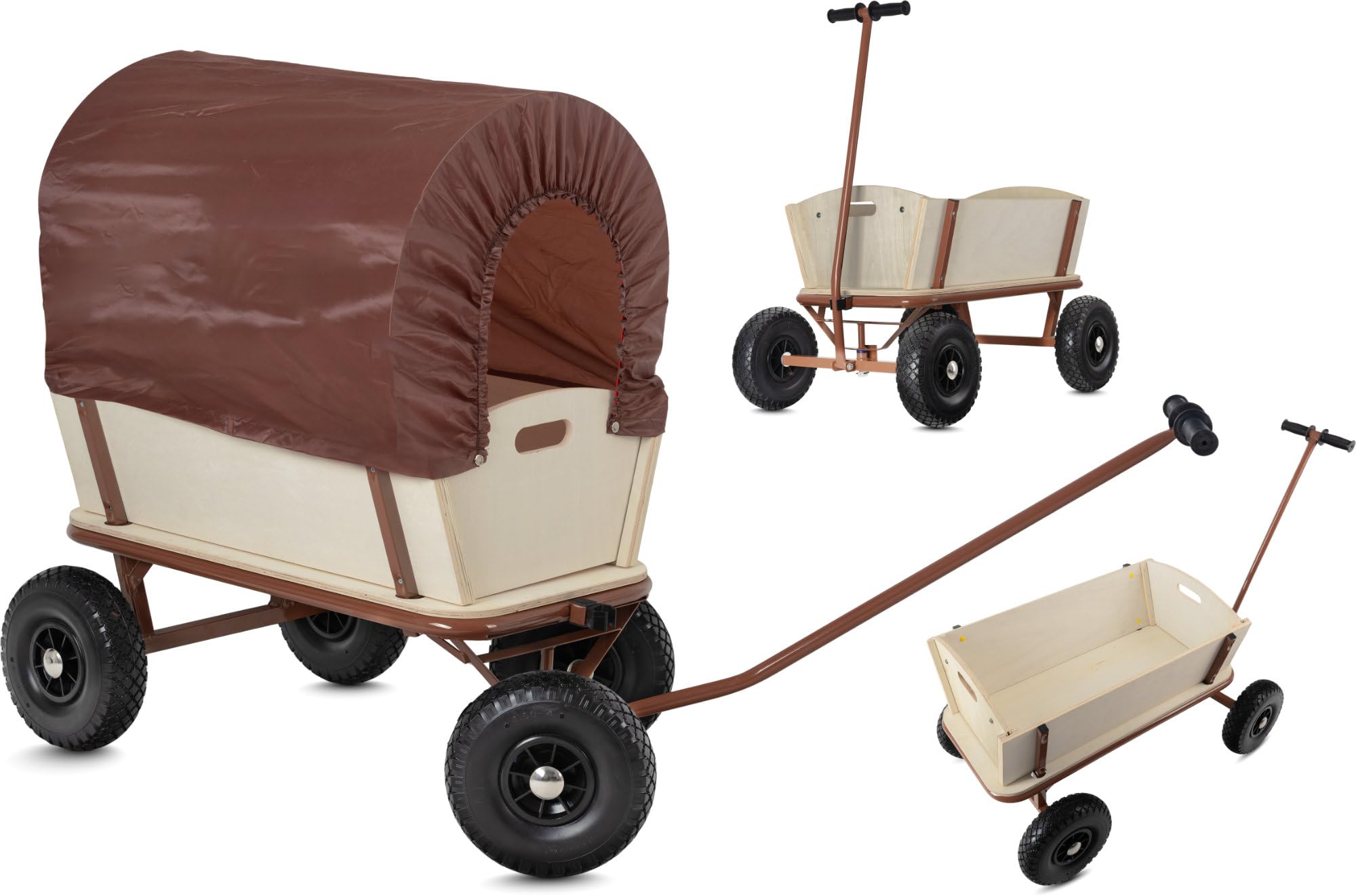 Stagecaptain Bollerwagen Holz im Wild Western Style - Handwagen mit Dach für Sonne und Regen - Lenkbare Vorderachse & Deichsel aufrecht fixierbar - Robuste Profilreifen aus Hartplastik