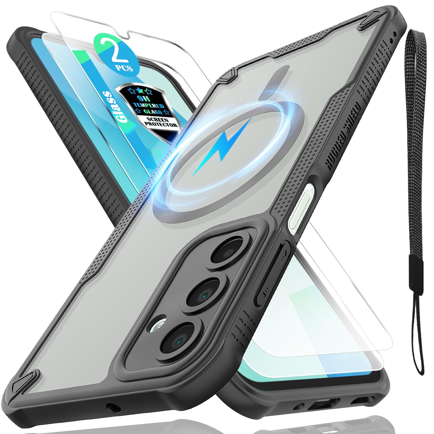 for Samsung Galaxy A16 Case with Magsafe Magnetic Slim Shockproof Protective Case,Translucent Matte Back with Lanyard Strap and 2*9H Tempered Glass