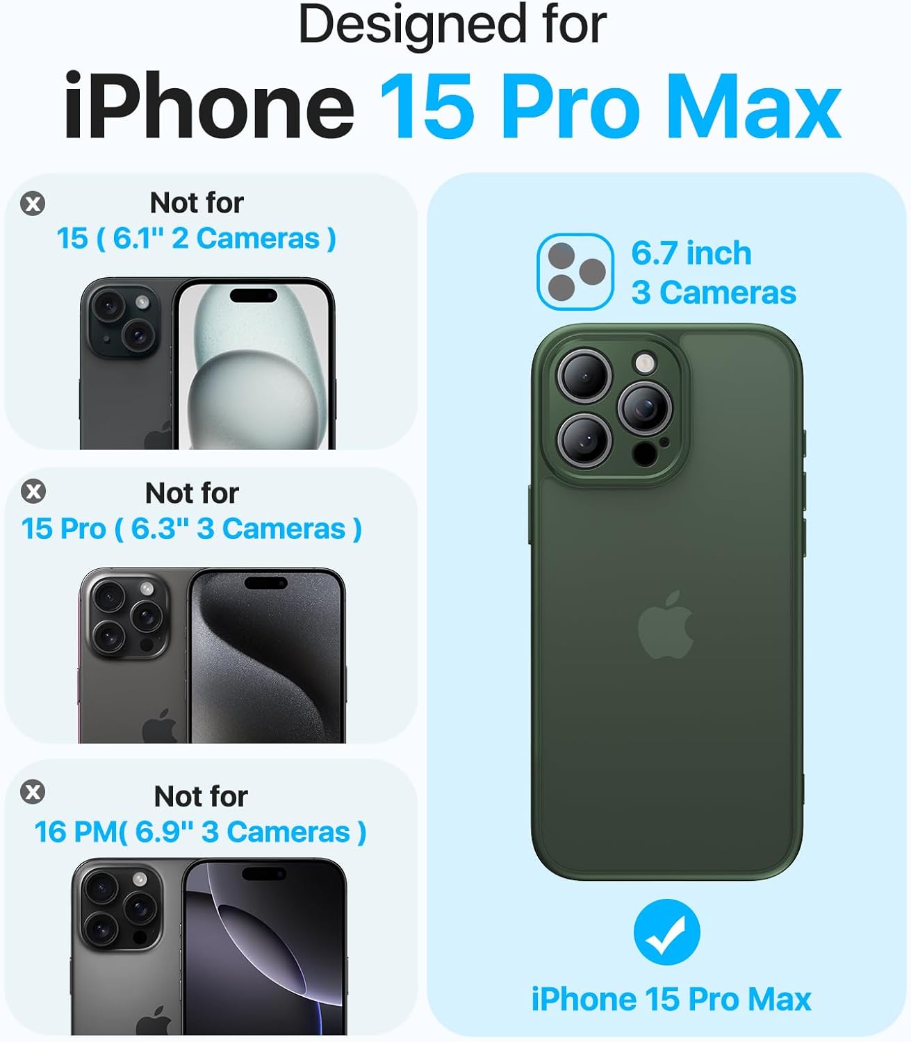 Shockproof for iPhone 15 Pro Max Case, [Camera Protection] [Military-Grade Drop Protection] Protective Anti-Yellow Slim Translucent Skin-Friendly for iPhone 15 Pro Max Phone Case, Forest Green - Image 3