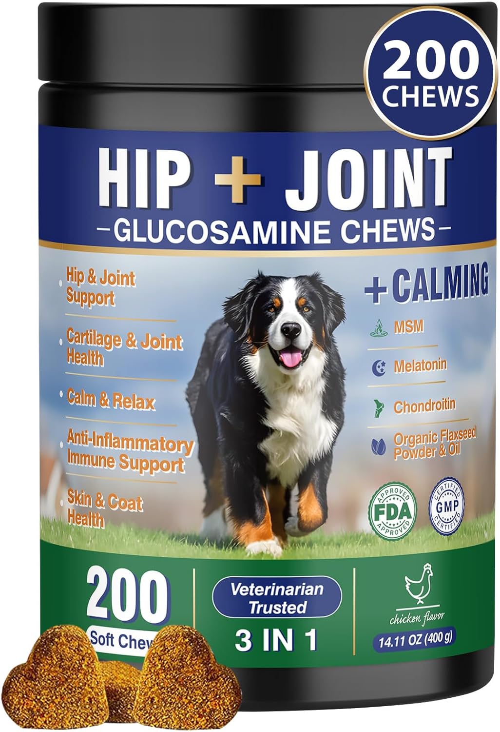 Hip and Joint Supplement for Dogs 200 Hemp Dog Calming Chews with Glucosamine, Chondroitin, Msm, Omega3, Melatonin for Senior Dogs Anxiety Pain Relief Anti Inflammatory Small/Medium/Large Dog -Chicken