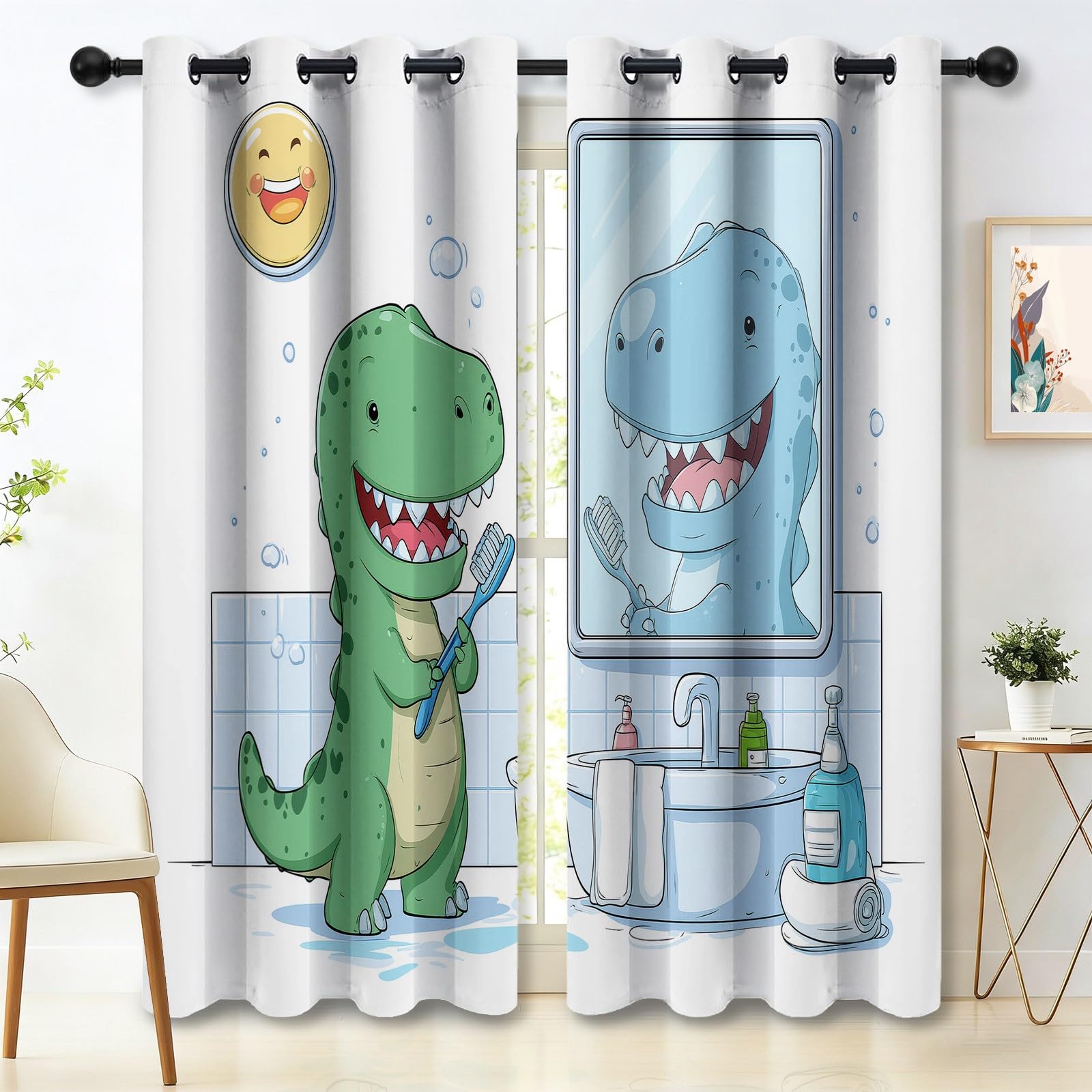 Rideaux Occultants en Bleu avec Amusant Dinosaure Bain, 70 L x 200 H cm Isolant Thermique à Œillets Qui Protège du Froid, Habillage de Fenêtre Design pour Chambre Salon, Bureau