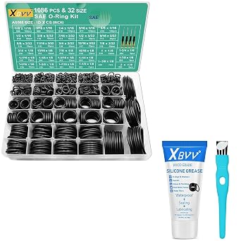 XBVV Silicone Grease and 1086 PCS 32 Size SAE O-Ring Kit with 4 Hook Set for Various Car Auto Vehicle Repair Plumbing Pressure Washer Air or Gas Sealing Repair Kit