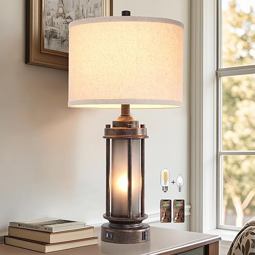 Lámpara de mesa de granja de 25 pulgadas con 2 puertos de carga USB, lámpara de mesita de noche rústica vintage con luz nocturna de vidrio