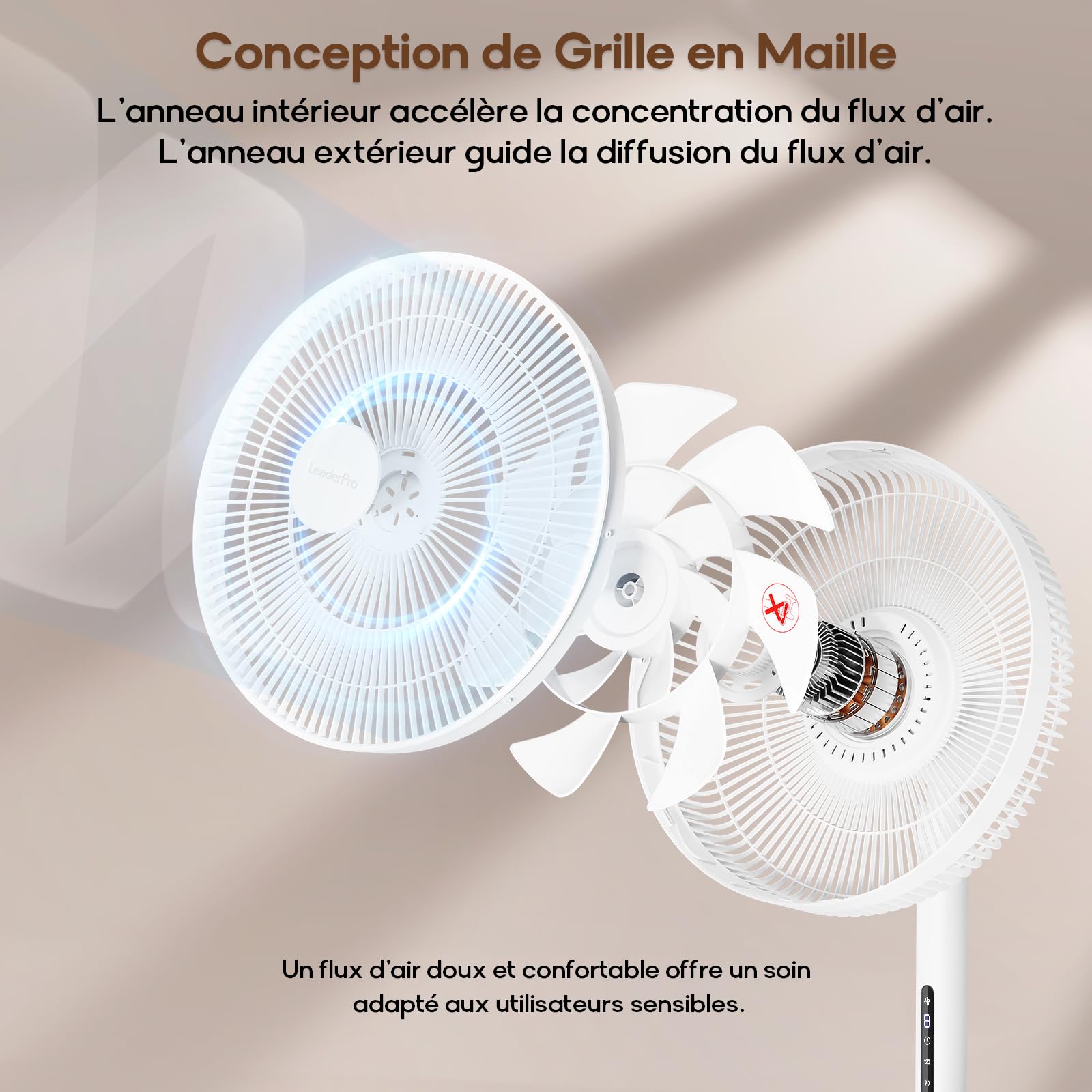 LeaderPro Ventilateur sur Pied Silencieux 12,8 dB avec Télécommande, Débit d'Air de 1980 m³/h, Double Lames Puissantes, Oscillation 120°, 8 Vitesses, Minuterie 8 h, Hauteur Réglable, Moteur DC, Blanc
