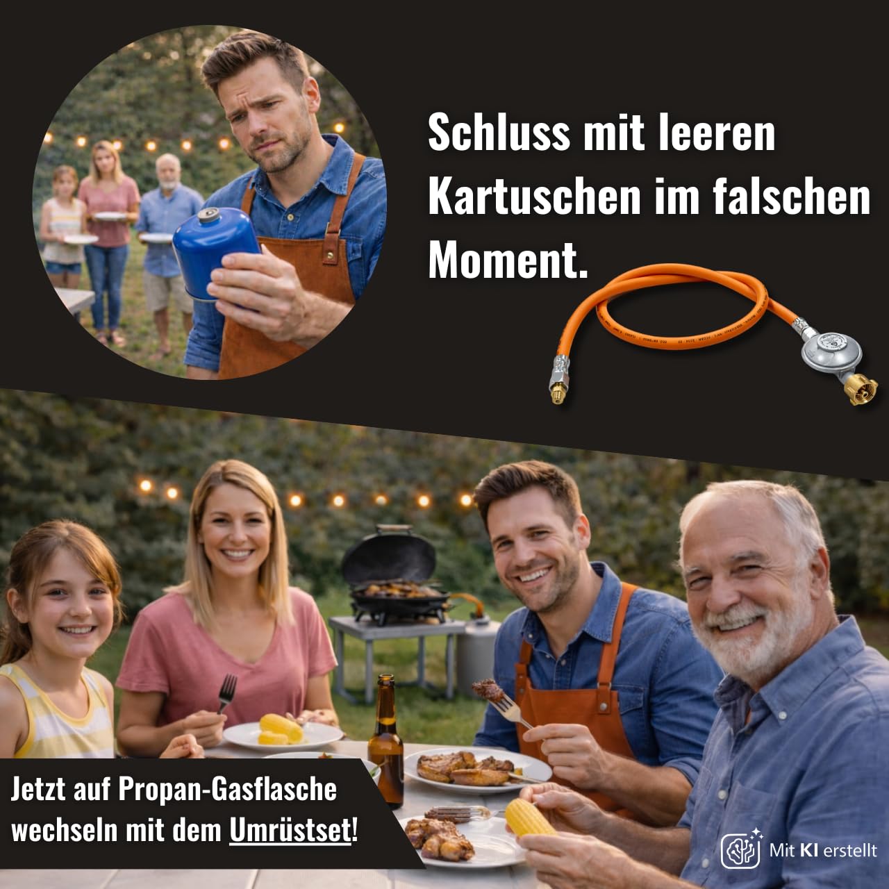 Bluecraft Umrüstset von Schraub Gas Kartusche auf Gasflasche für Gasgrills mit EN417 Schraubkartuschenanschluss Gasdruckminderer 50 mbar Gasschlauch 100cm