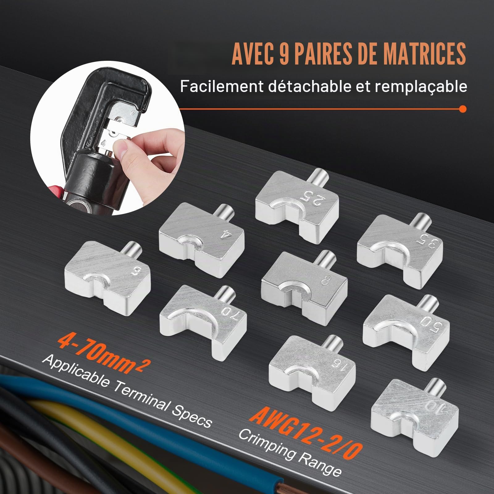 VEVOR Pince à Sertir 4-70 mm² Outil de Sertissage Hydraulique Cosses de Câbles Batterie Aluminium et Cuivre AWG12-2/0 avec Coupe-câble Paire de Gants 5 Connecteurs Anneau en Cuivre pour Électricien