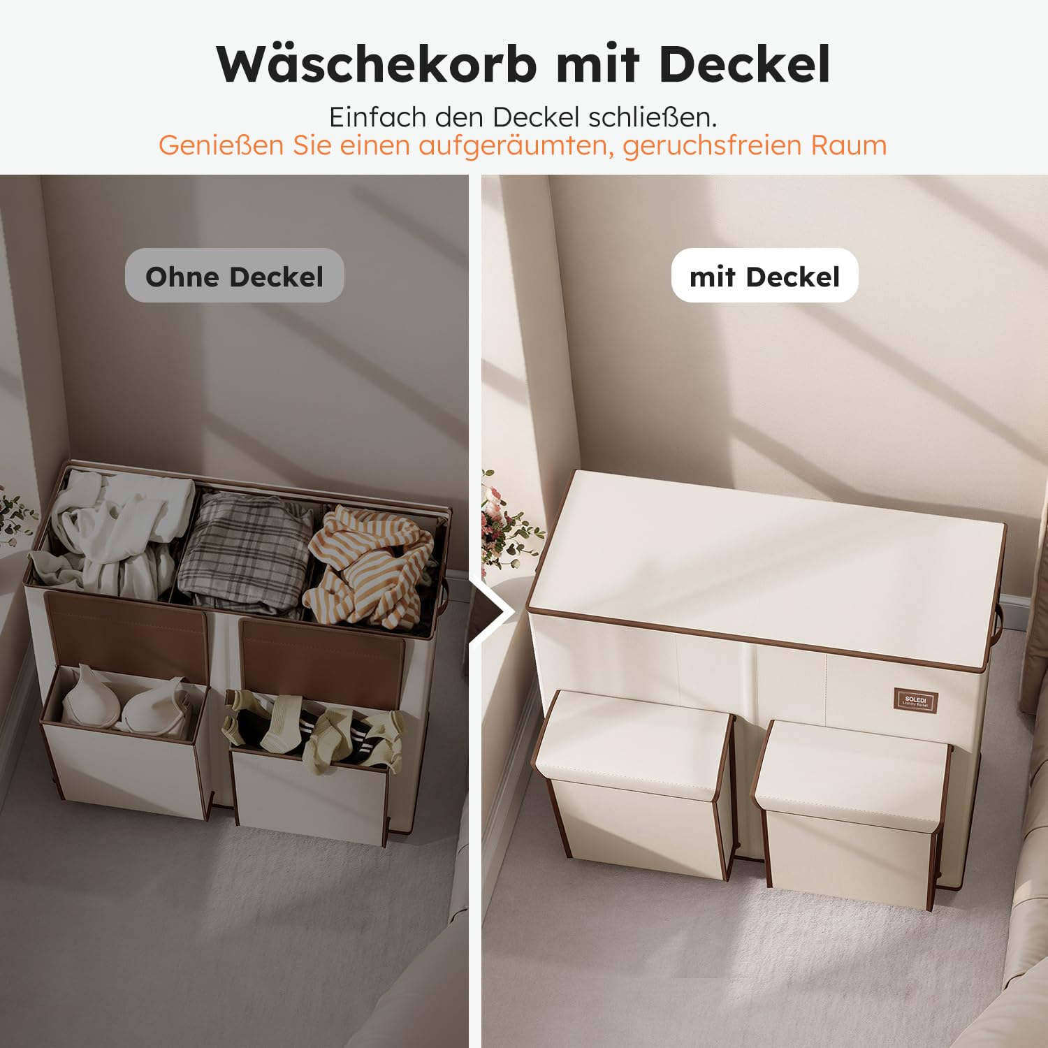 SOLEDI 220L Wäschekorb mit Deckel, Wäschesammler 3 Fächer mit 2 Seitentaschen, Laundr Baskets mit 3 Wäschesack, Wäschesortierer Groß XXXL für Badezimmer, Schlafzimmer, Waschküche