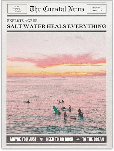 Pósteres de periódico de playa rosa, vintage, a la moda, para niñas costeras, arte de pared de surf con agua salada granulada que cura todo,