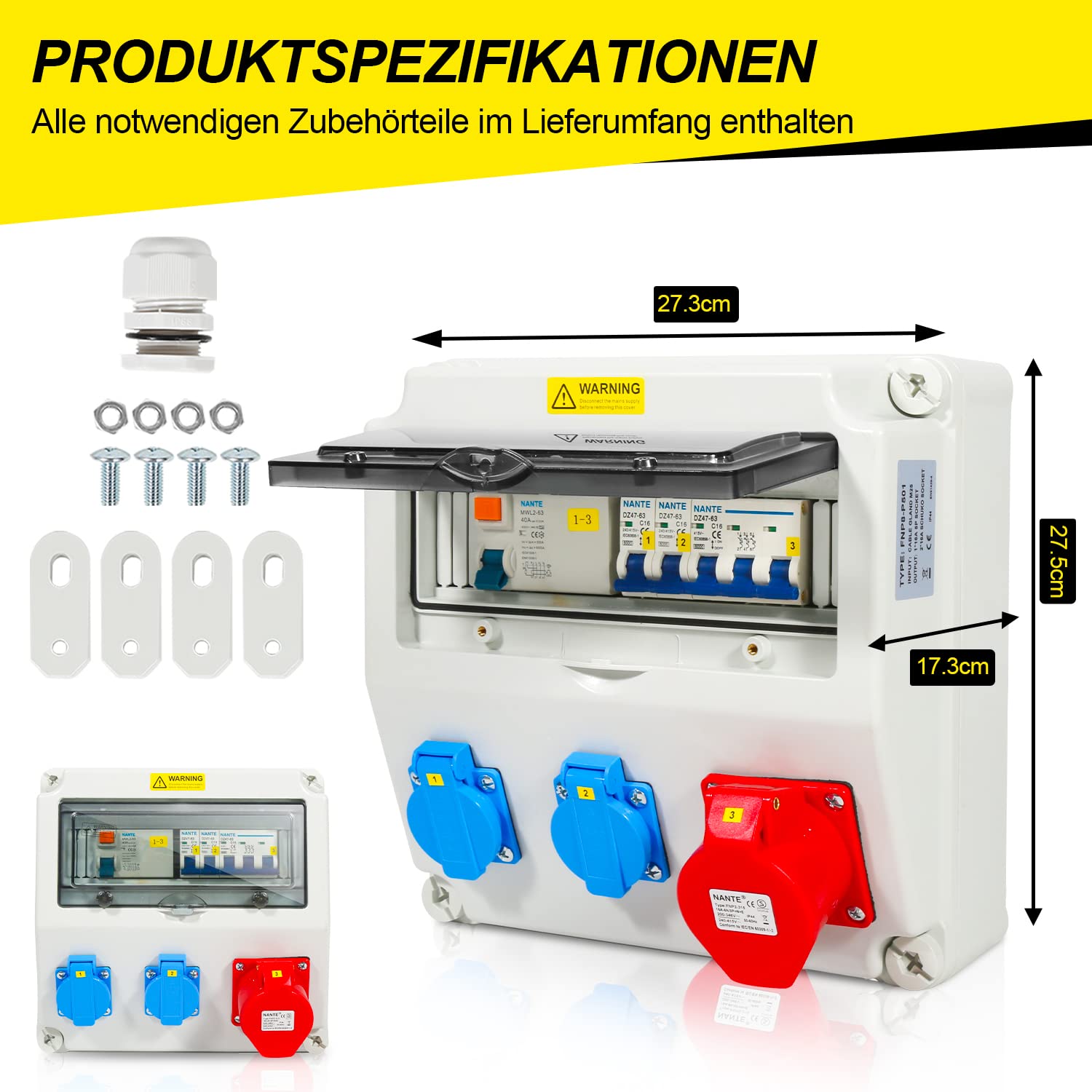 Herrselsam Wandverdeler, 1 x 16 A 2 x 230 V met LS FI met stroomonderbreker en RCCB, 5-polige bouwstroomverdeler met 2 geaarde stopcontacten en CEE stopcontact 16 A binnen/buitenverdeler