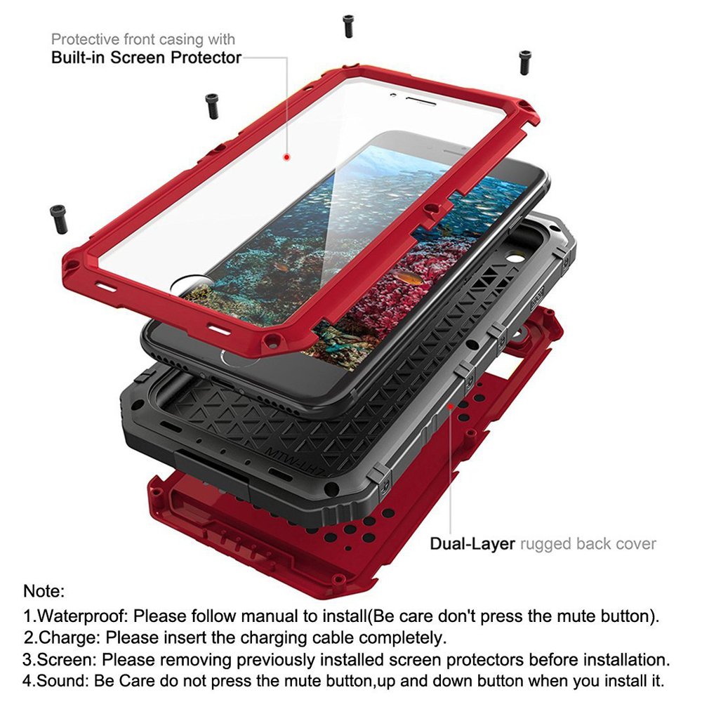 Beeasy Coque Étanche pour iPhone 7/8/SE 2022/2020– [IP68 + Protection Militaire 360°] Métal Renforcé, Protège-écran Intégré – pour Extérieur & Chantier - Rouge
