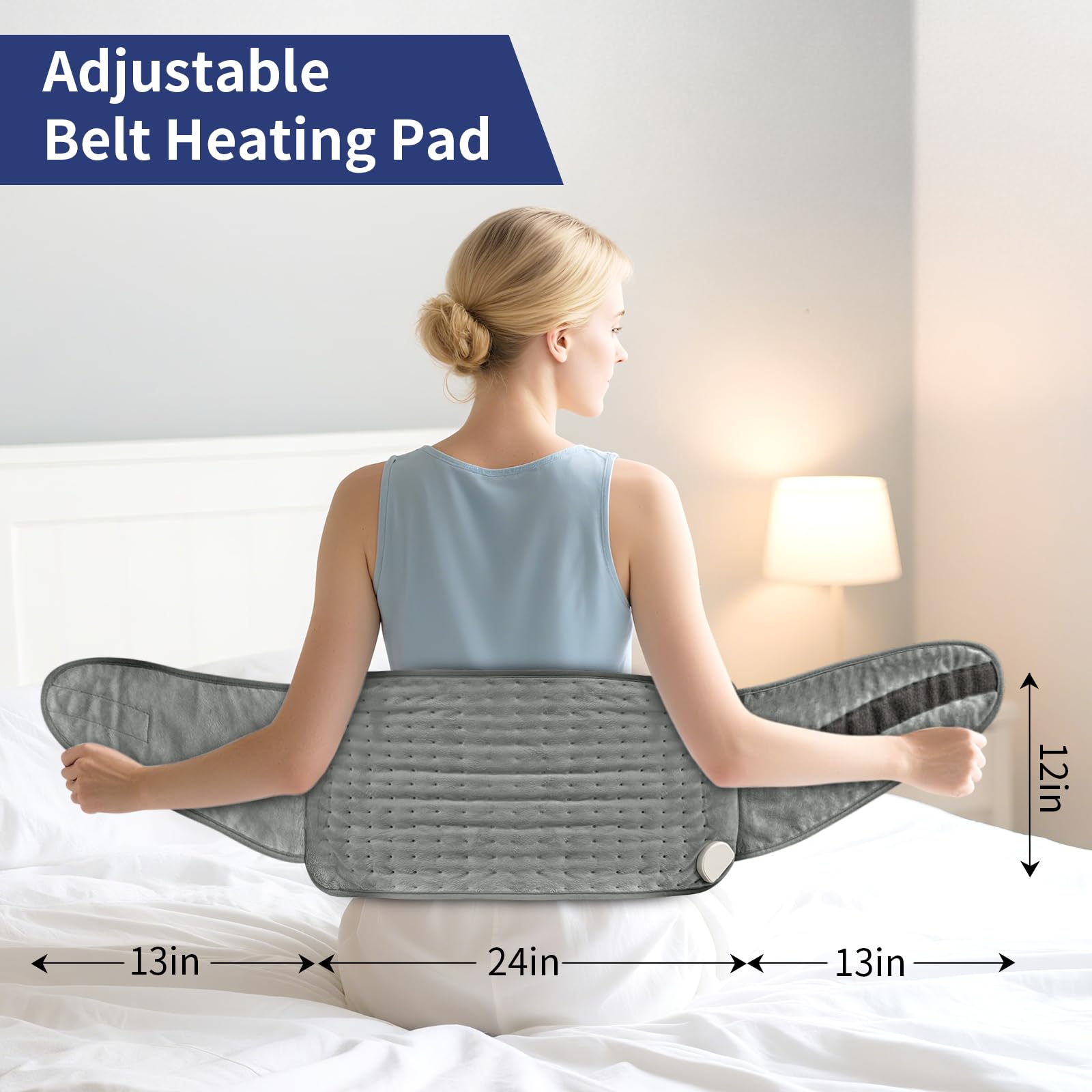 Calido- Almohadilla térmica para aliviar los cólicos menstruales y de espalda, almohadilla eléctrica grande de 30x60 cm con cinturón de 66 cm, 6 niveles de calor, 4 temporizadores y apagado automático