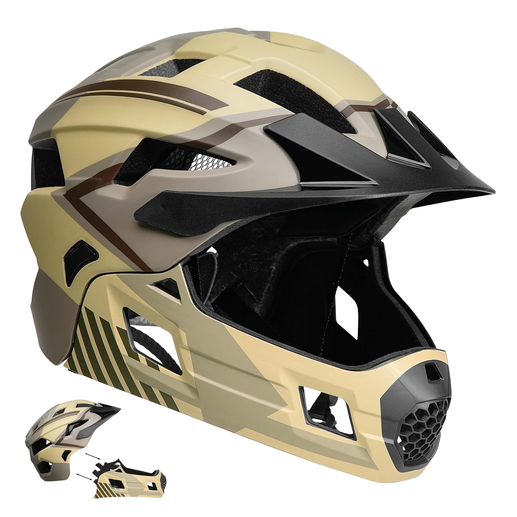 Crazy Safety Casque Vélo Intégral - Sable | pour VTT, BMX, Trottinette | Casque Enfant avec mentonnière Amovible | Casque intégral et Standard 2-en-1 | Casque de Motocross Taille M 54-57 cm