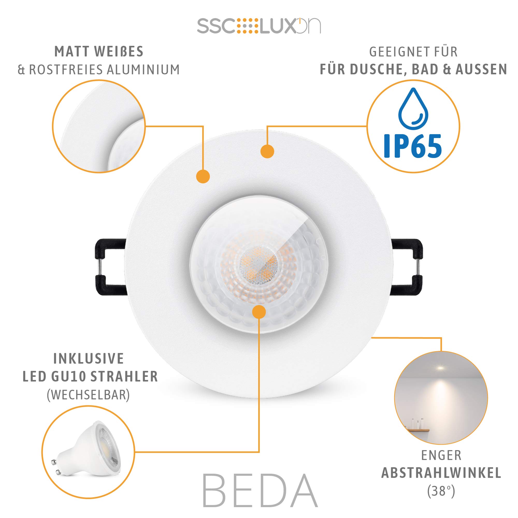 SSC-LUXon BEDA Einbauspot 6er Set weiß rund IP65 GU10 2W warmweiß flach | Sechs flache Einbauspots IP65 weiß - warmweiß, nur 30mm tief, für Bad, Dusche & Wohnbereich, wechselbares GU10 LED