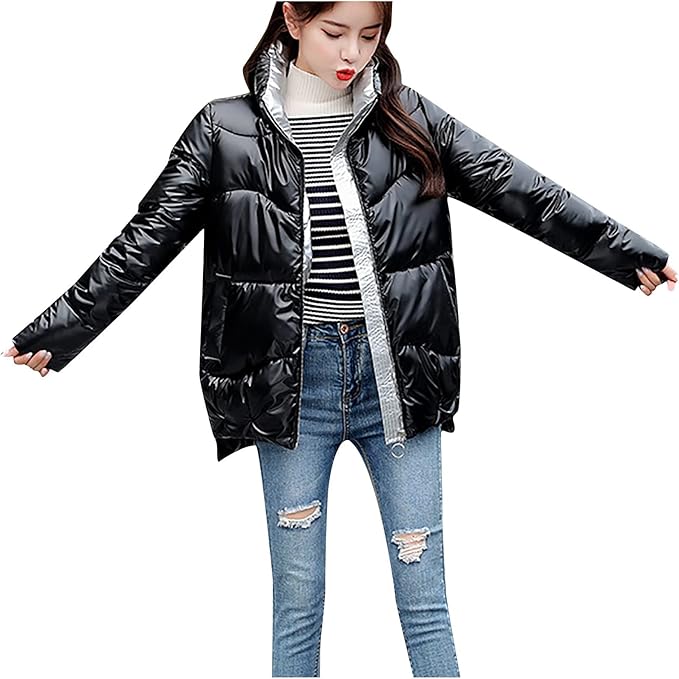 Amazon.com: DASAYO Women Zip Up Metallic Shiny Puffer Jacket