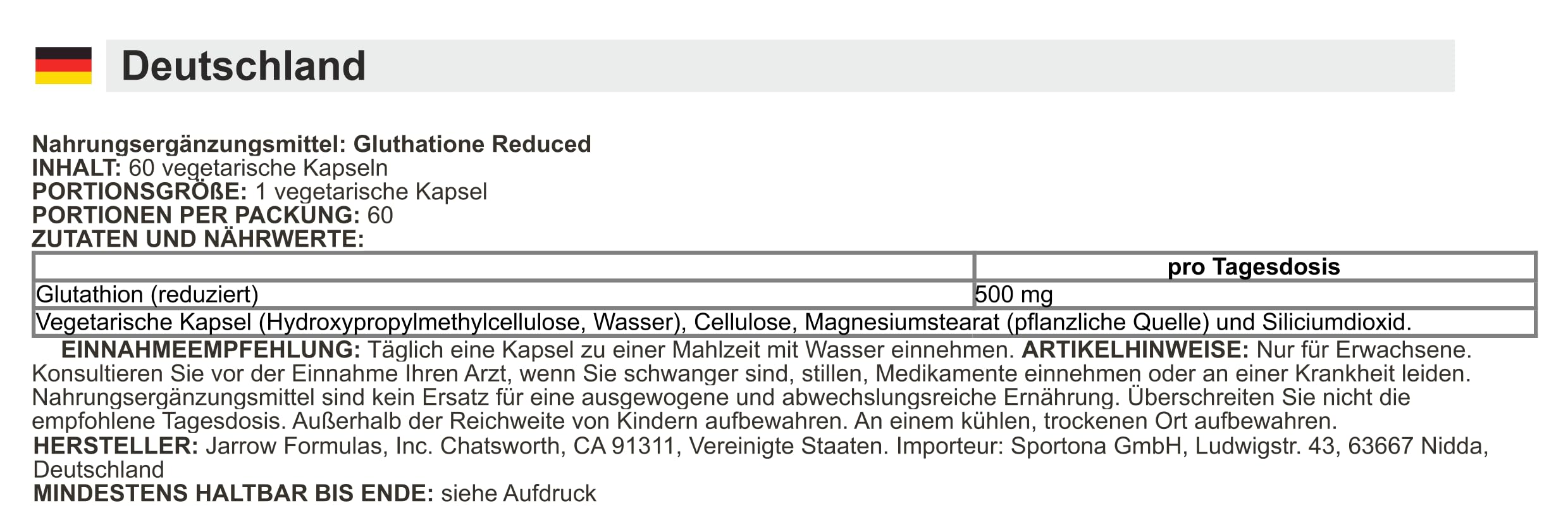 Jarrow Formulas - Glutathion Reduced | 500 mg zur Unterstützung der Entgiftung - 60 Kapseln