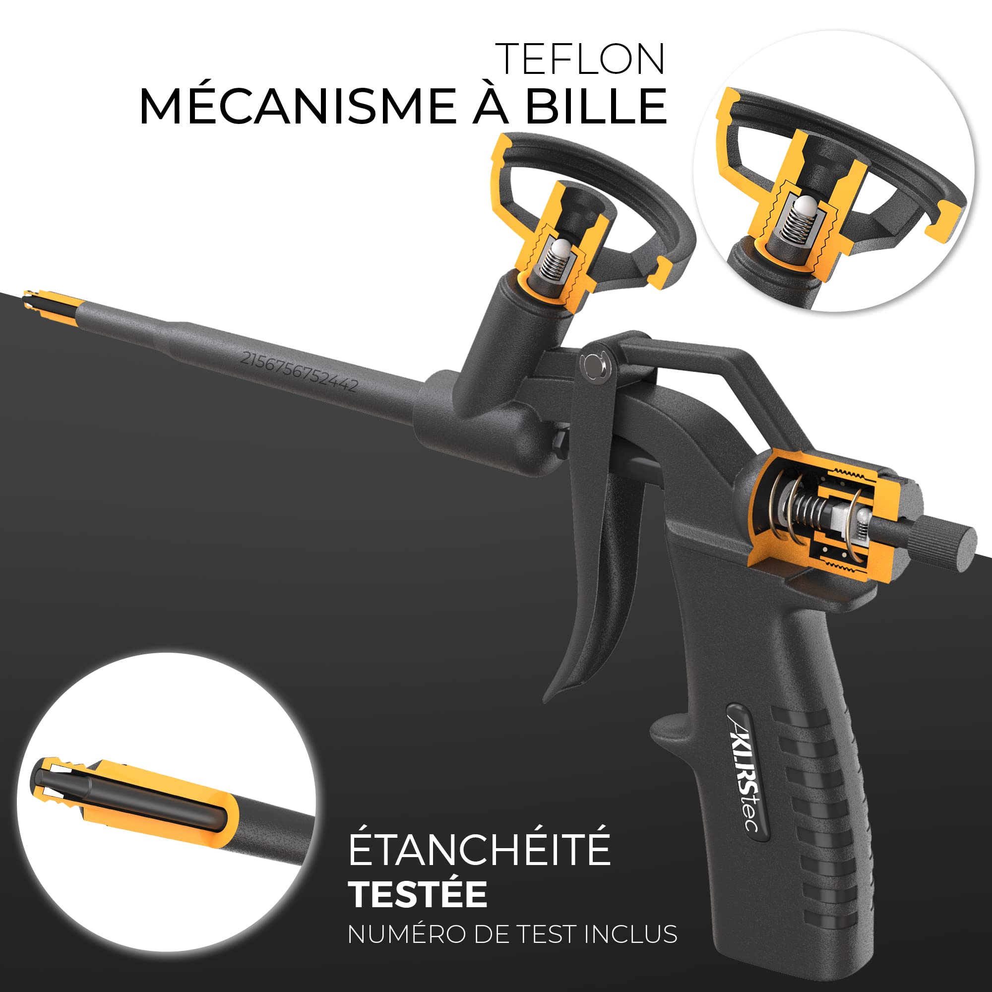KLRStec® PREMIUM Pistolet mousse expansive revêtu de téflon [PTFE] Pistolet mousse polyurethane I Pistolet pour mousse expansive de construction (accessoires inclus)