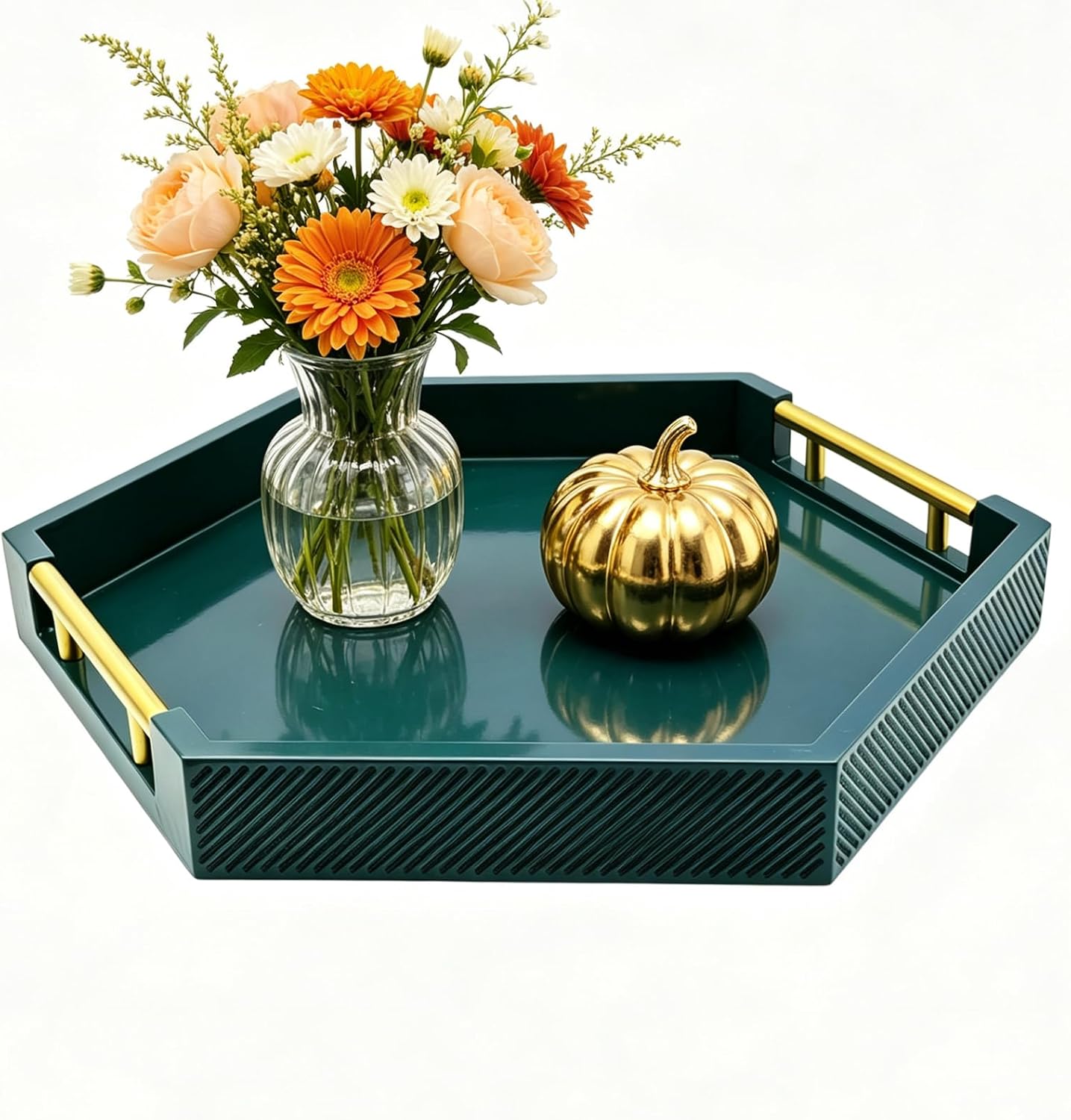 Hexagon Decorative Serving Tray with Polished Gold-Tone Metal Handles, Black Glossy Finish, Large Ottoman and Coffee Table Tray, 17.7x15.4x2 Inch (Teal)