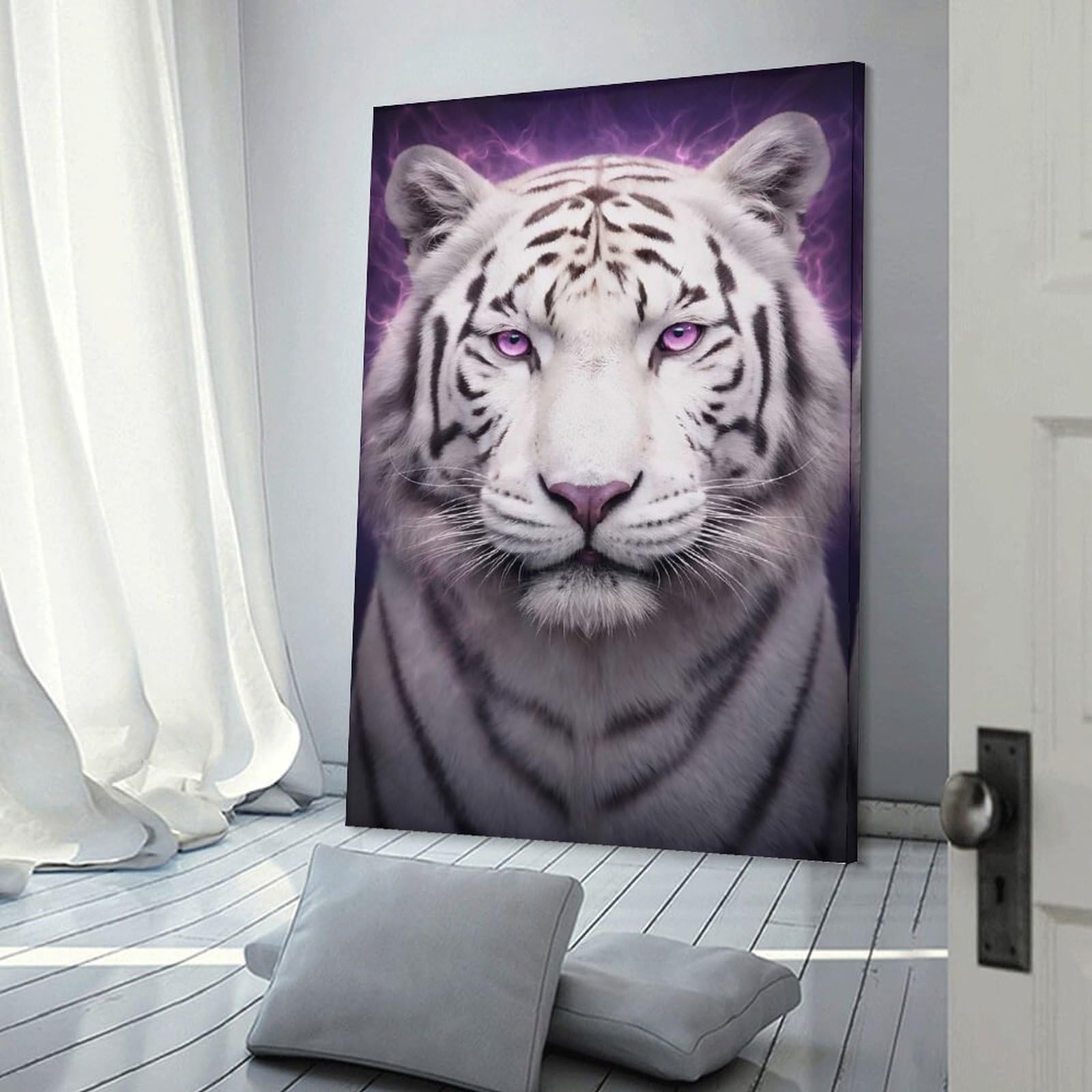 Junmoney White Tiger with Purple Aura Room Decor Wall Art 24x36inch(60x90cm), for Entrance Spaces, Stair Walls Or Halls, A Neat Decor Update for Hallways