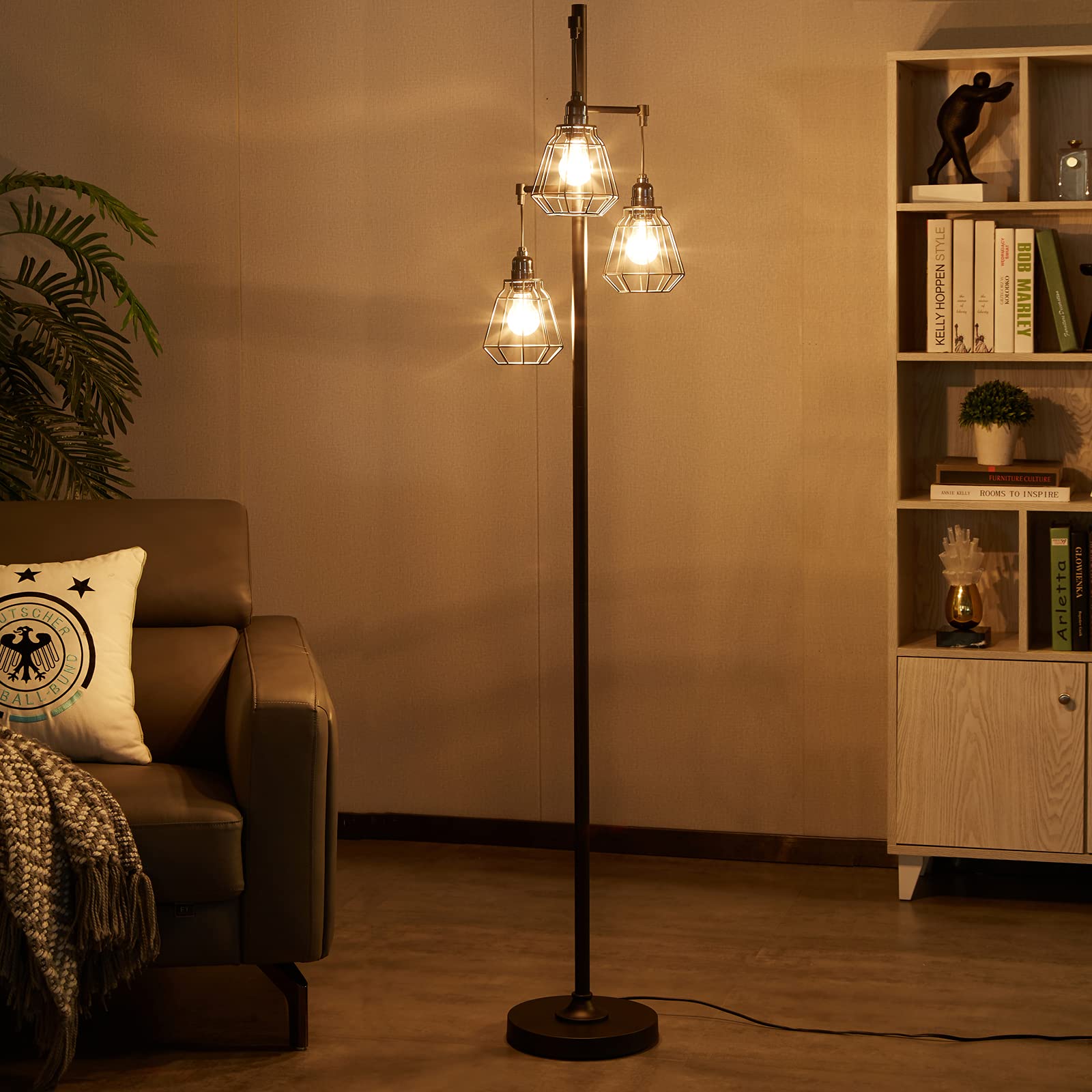 Brightech Teardrop LED Floor Lamp – 3 Cage Heads With Edison Bulbs, 68" Tall Standing Lamp For Living Room, Bedroom, Office – Black Industrial Style - View #3