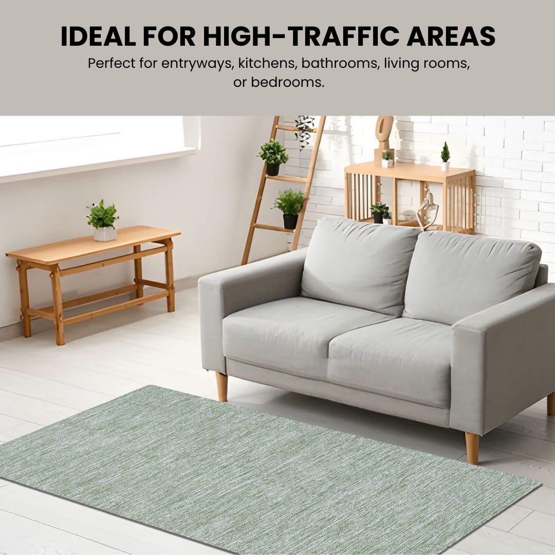 Hand Woven Area Rug 4x6 Feet - Rustic Farmhouse Bohemian Accent Rug for Living Room Bedroom Kitchen Entryway Floor Mats Non Slip - Ideal for High Traffic Areas 100% Cotton Rug Green