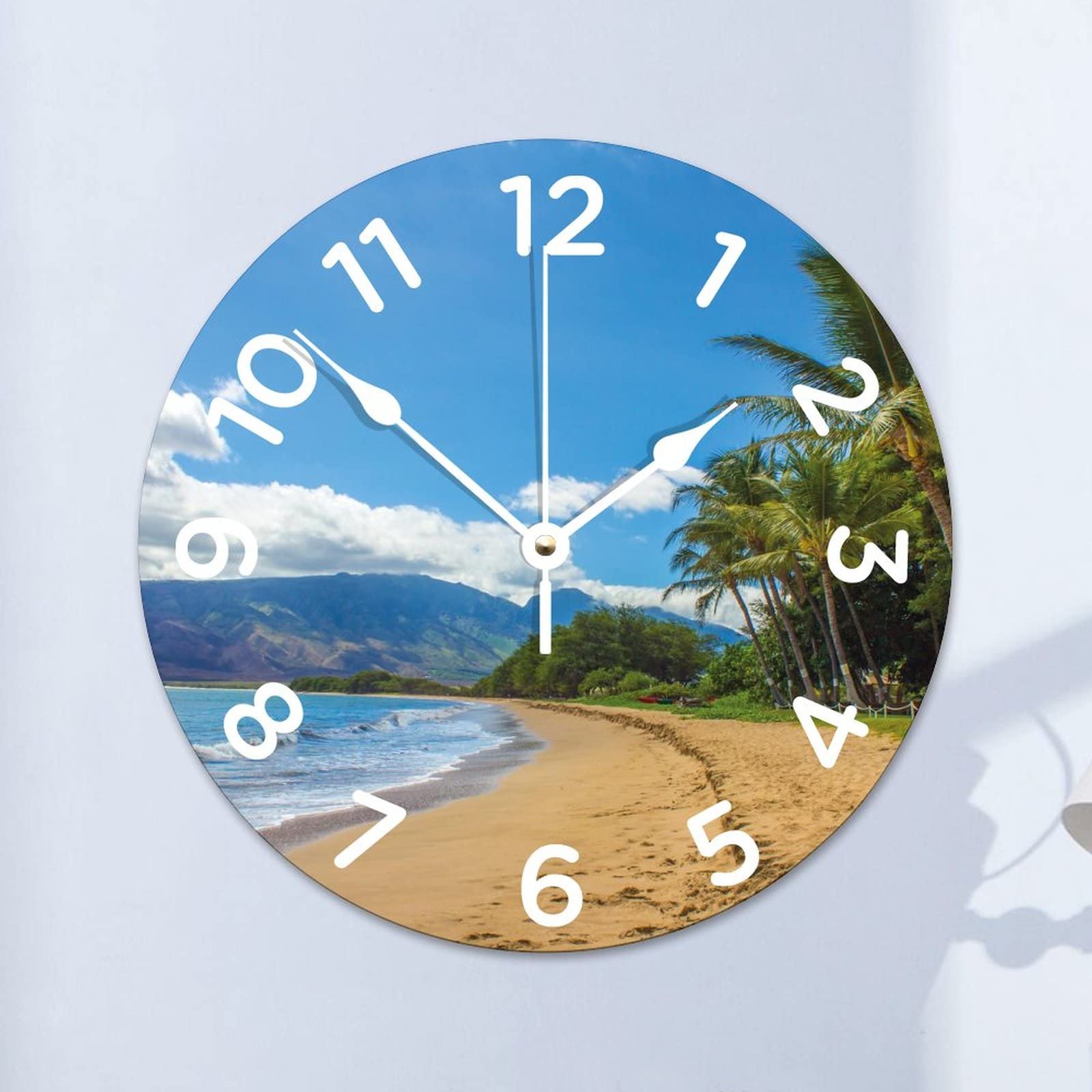 Horloge murale ronde en bois de sable hawaïen 38cm silencieuse pour chambre