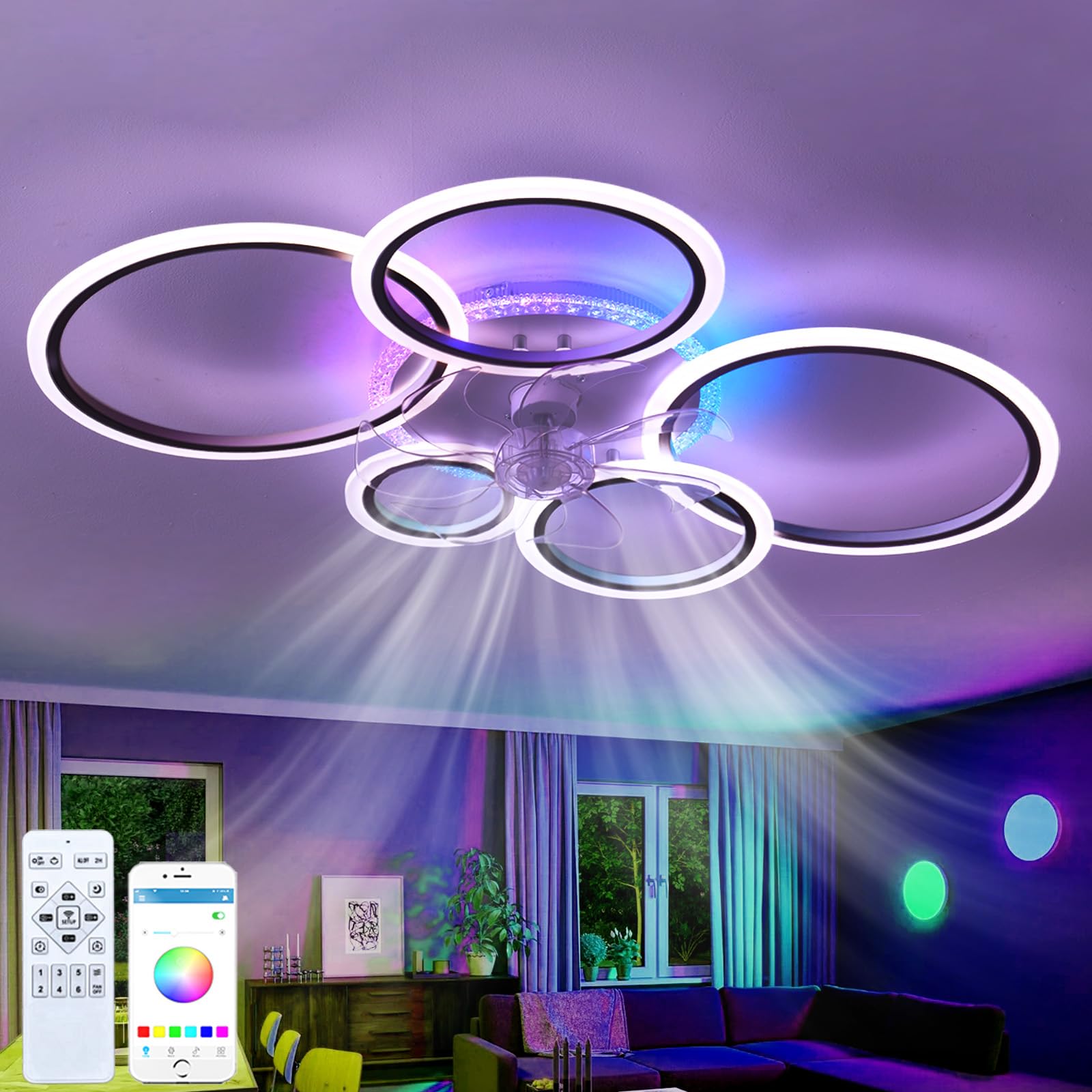 Dfiacn Coloured Ceiling Light with Fan Led Dimmable Bedroom Silent Ceiling Fans with Lights with Remote Control Reversible 6 Speed Timing Ceiling Fan with Light Living Room Φ 95cm, Black