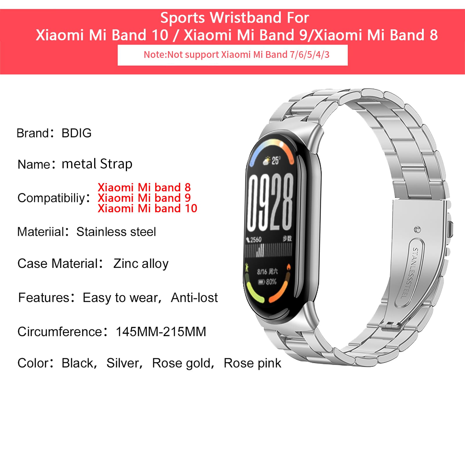 BDIG Correa Compatible para Xiaomi Mi Band 10/Mi Band 9/Xiaomi Mi Band 8, Pulsera de Repuesto de Acero Inoxidable Hebilla Ajustable Correa para Mi Smart Band 10/9/8 Plata (Reloj No Incluido) — view 4