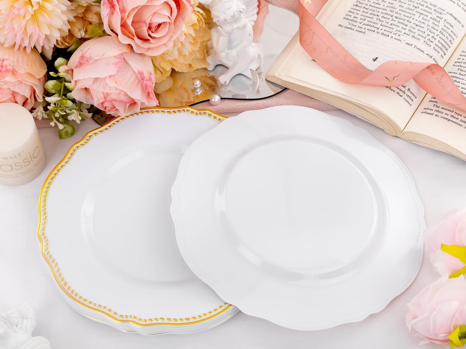Hioasis 60pcs Gold Plastic Plates - White and Gold Disposable Dinnerware with Gold Rim, Heavy-duty, 7 inch, Dessert Plates for Party & Thanksgiving - Image 7