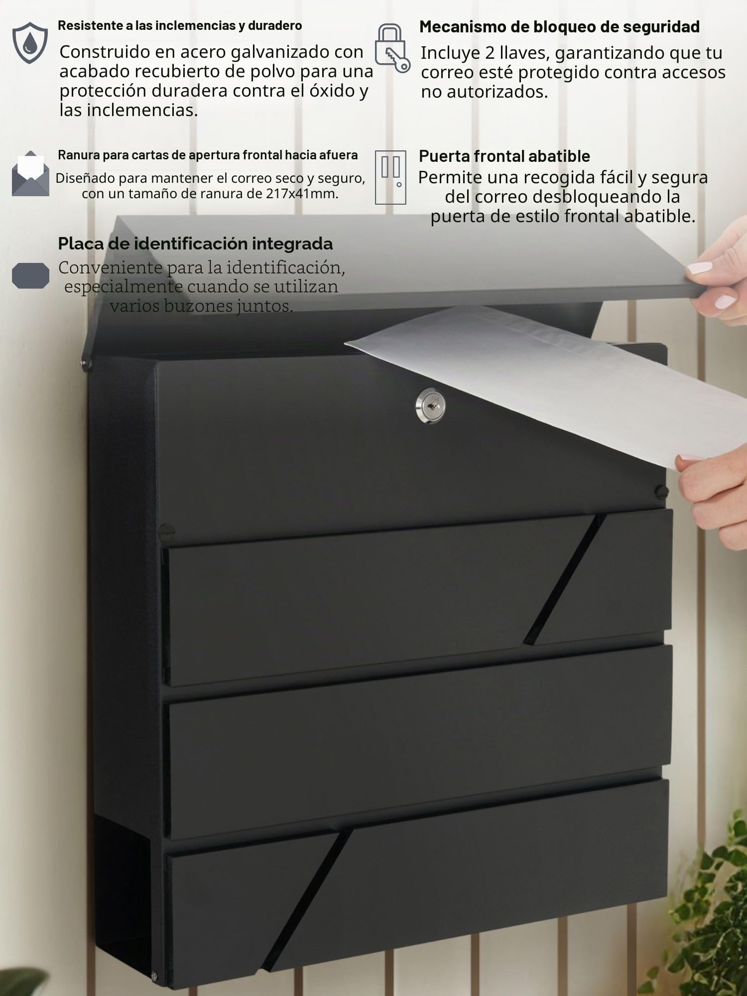 Assorted Collections Buzón de Pared con Soporte para periódicos, buzón de Correo con Cerradura y 2 Llaves, diseño Moderno, fácil de Instalar 37x10.5x37 cm (Negra)