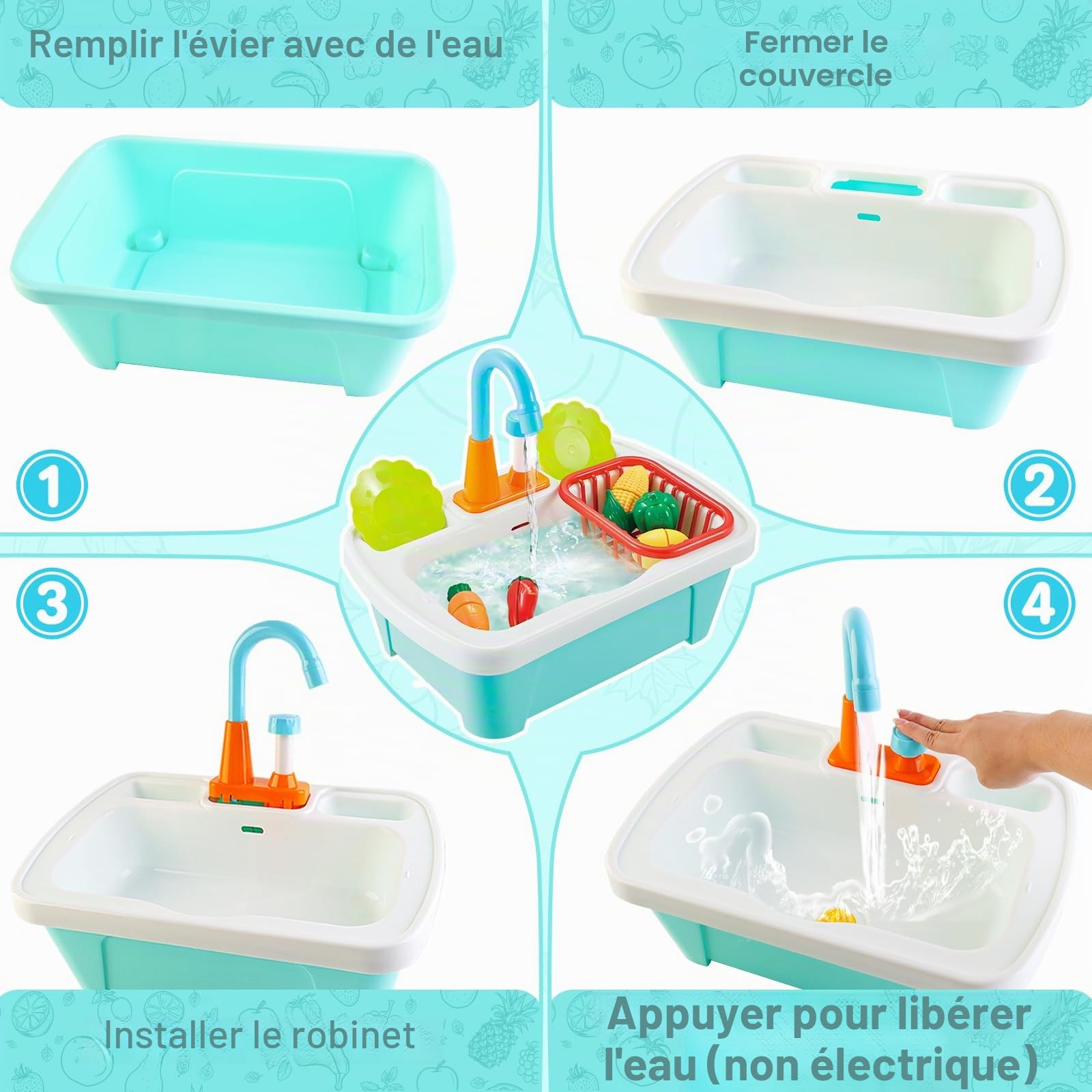 deAO 28 Pièces Évier de Cuisine Jouet pour Enfants avec Eau Courante,Incluant Vaisselle, Fruits,Vaisselle et Légumes Simulation,Jeu de Rôle Jouet d'Imitation pour Garçons Filles 3-12 Ans