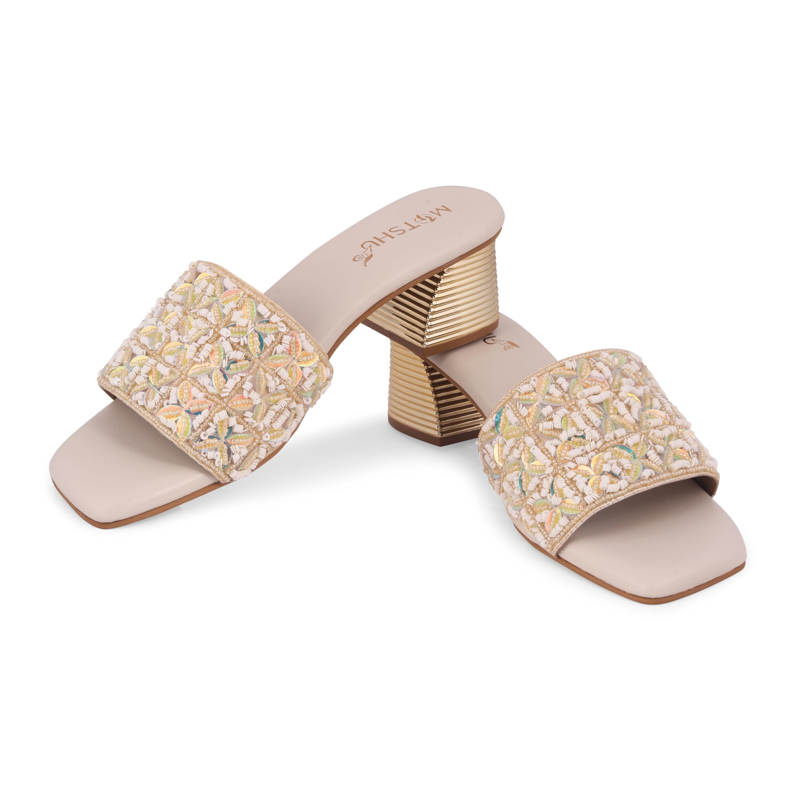 MOTSHU Womens Heel Shoes Indian Size 10 Stylish Footwear for Wedding Party Casual Block Heel Shoes for Office Wear Handmade Sandals for Women Looks Great with Jeans, Pants, Sarees | Zarilo Off White (B0D1YGKQMT) Amazon Price History, Amazon Price Tracker