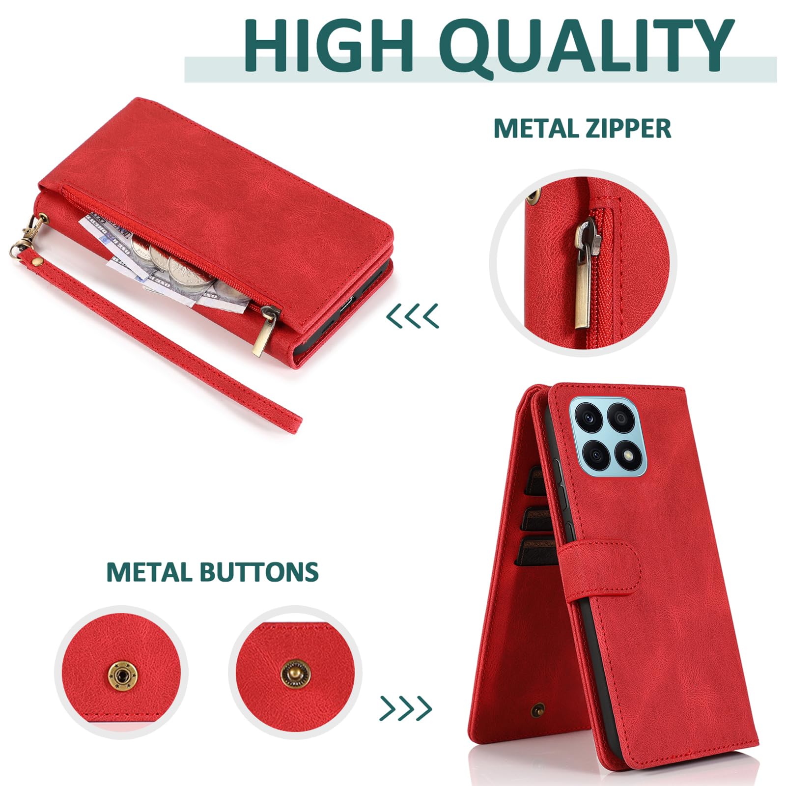 Asuwish Custodia Portafoglio Per Honor X8 4G – Pelle Con Supporto, 10 Slot Carte, + Vetro Temperato E Catena, Rossa - 2