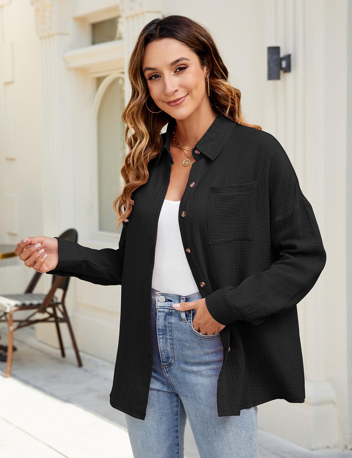 Xnova Chemisier Oversize Femme à Manches Longues, Décontractée Coton Blouse Top avec Poche, T-Shirt Col en V Chic et Élégant Chemise Ample à Boutons