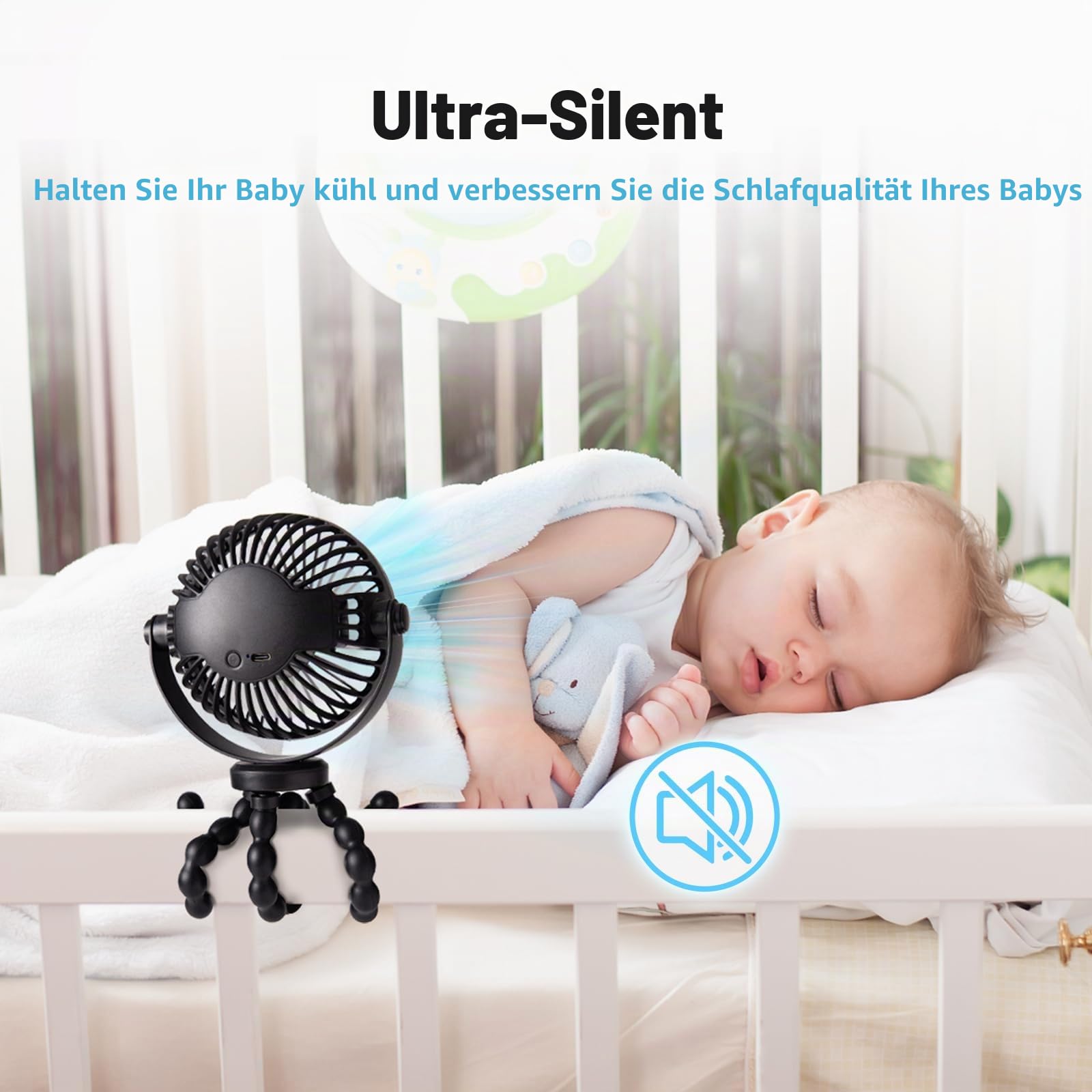 PaPaFboy Kinderwagen Ventilator Baby, Leise Stroller Fan, 20H 3 Geschwindigkeitsstufen,Tragbarer Ventilator 360°Drehbare,Akku Ventilator für Kinderwagen Büro Camping Autofahrt Strand