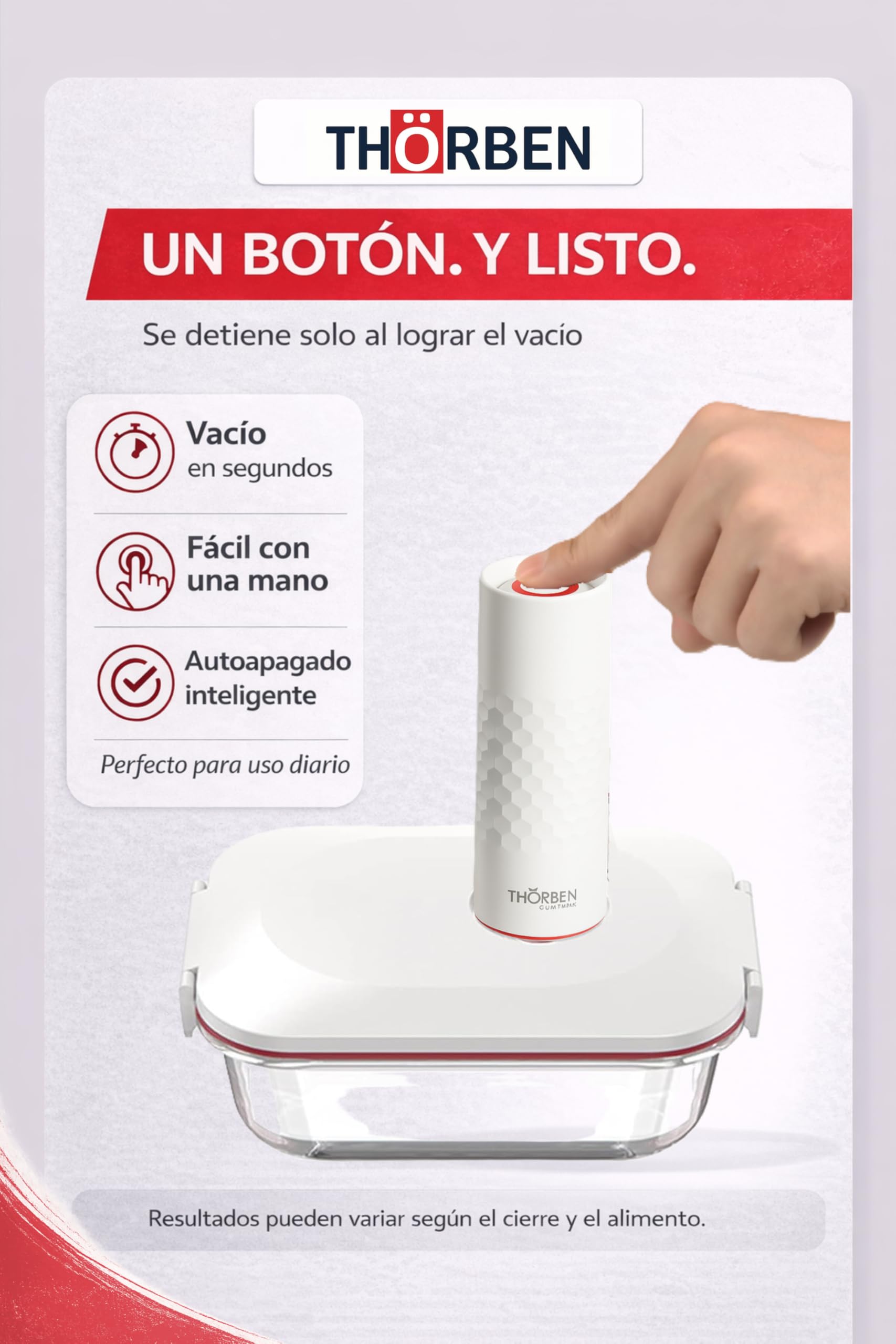 Thörben Envasadora al Vacío Inalámbrica USB-C con Autoapagado, Tupper Vidrio Borosilicato 1 L, 10 Bolsas Reutilizables (5S/5M), 2 Tapones Vino