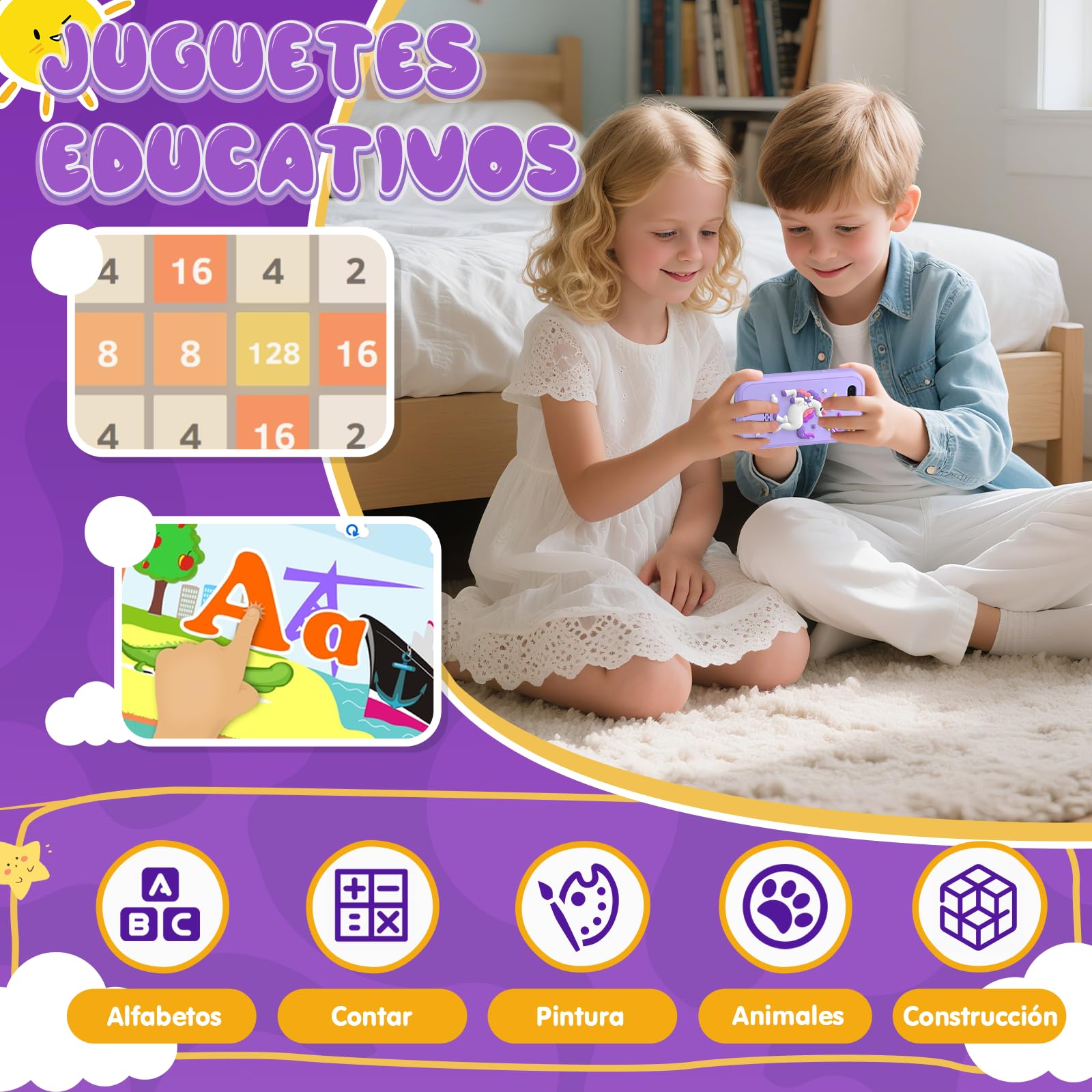 Fippesax Kinder Handy Smartphone Spielzeug, Dualkamera, 8G SD Karte, MP3 Player, 20 Lernspiele, für 3-9 Jahre (Lila)